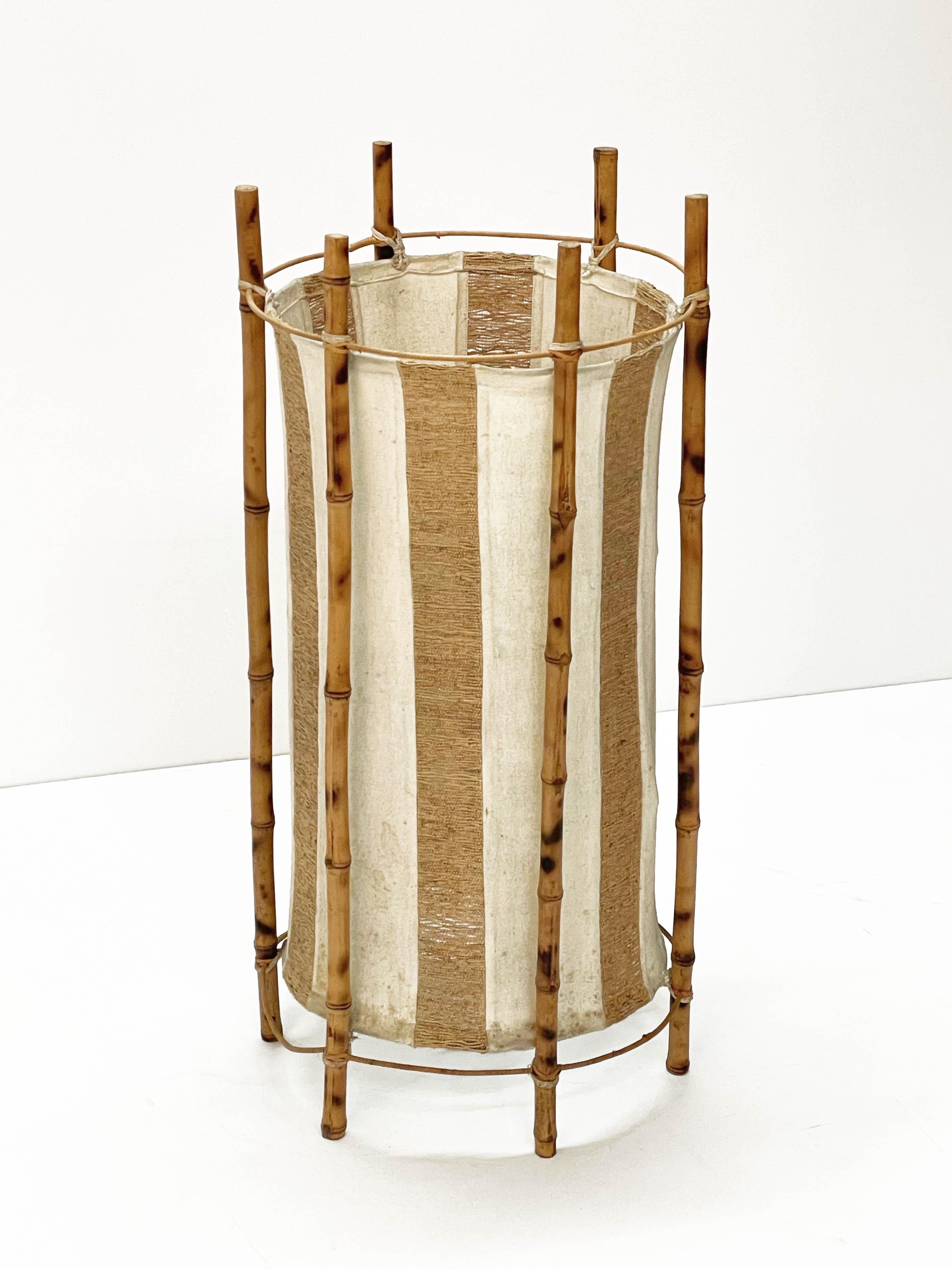 Fabric Louis Sognot Midcentury Cotton, Bamboo and Rattan Italian Floor Lamp, 1950s For Sale
