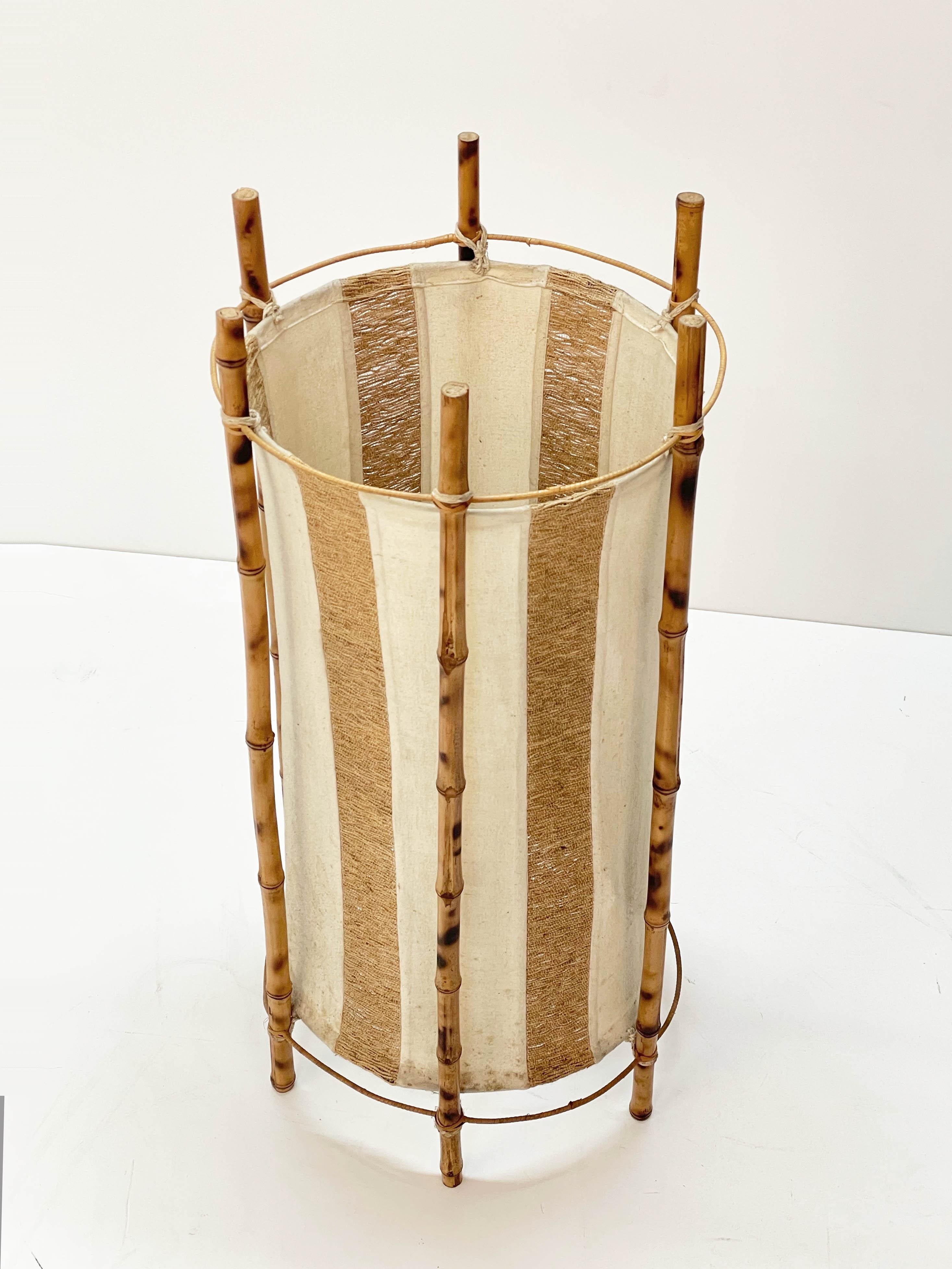 Louis Sognot Midcentury Cotton, Bamboo and Rattan Italian Floor Lamp, 1950s For Sale 1