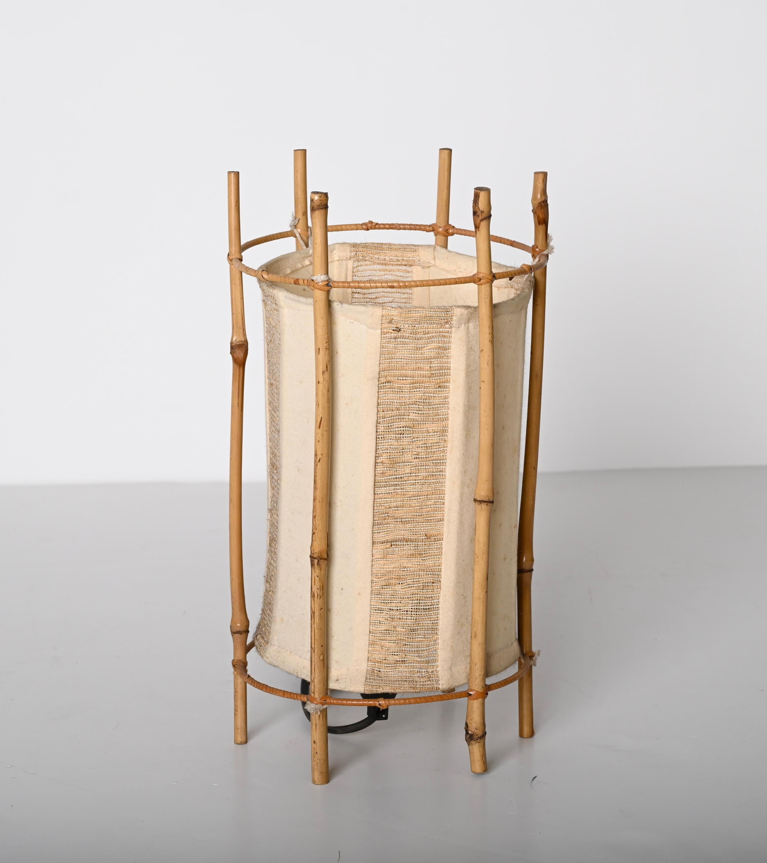 Louis Sognot Midcentury Cotton, Bamboo and Rattan Italian Table Lamp, 1950s For Sale 3