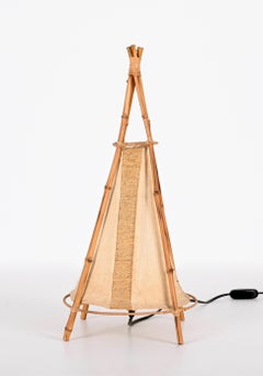 Lampe de bureau italienne Louis Sognot du milieu du siècle dernier en coton, bambou et rotin, années 1950
