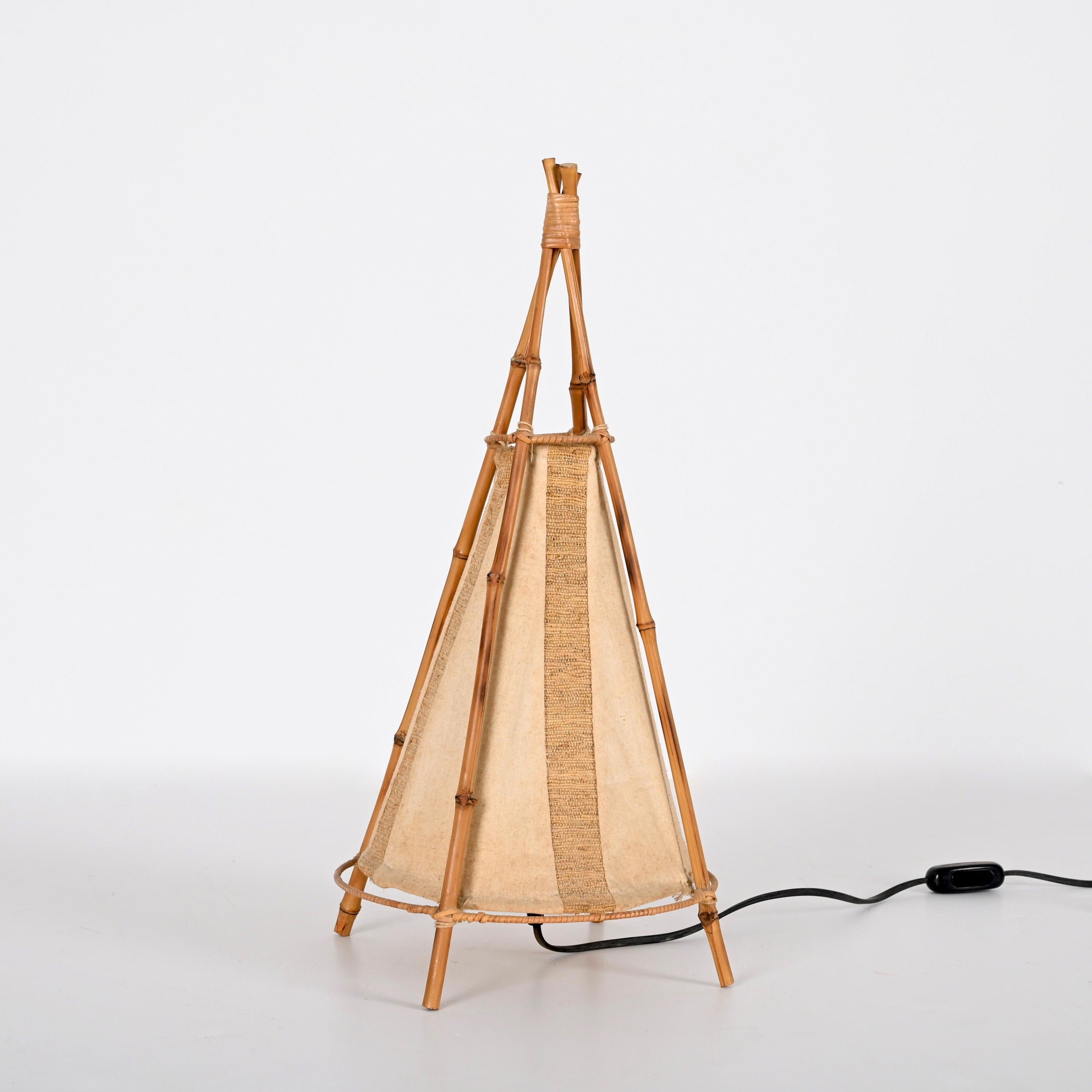 Mid-Century Modern Louis Sognot Midcentury Cotton, Bamboo and Rattan Italian Table Lamp, 1950s For Sale
