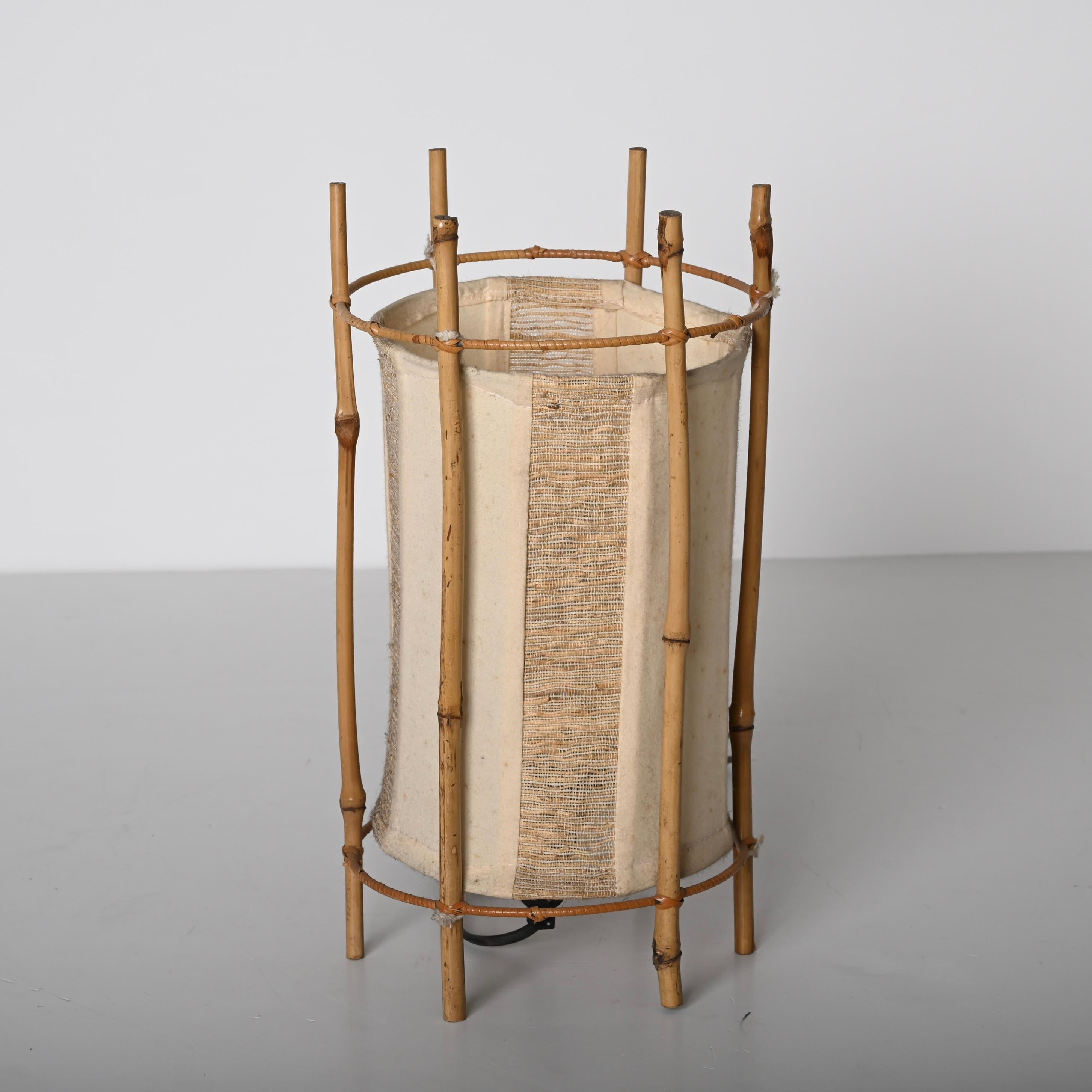 French Louis Sognot Midcentury Cotton, Bamboo and Rattan Italian Table Lamp, 1950s For Sale