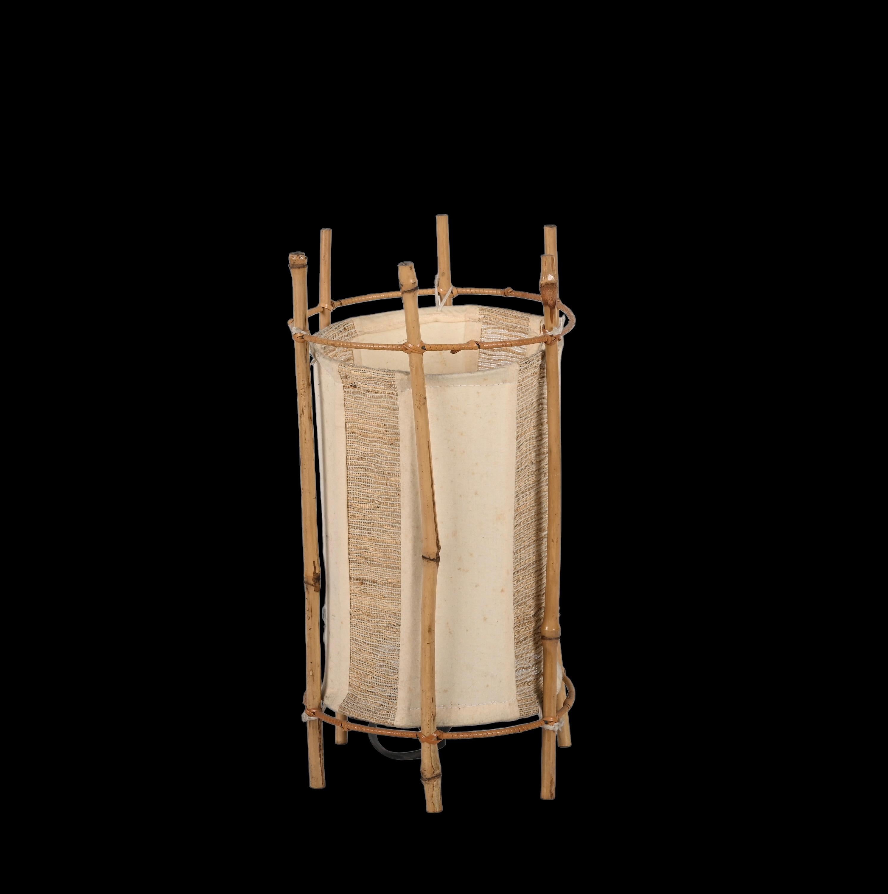 20th Century Louis Sognot Midcentury Cotton, Bamboo and Rattan Italian Table Lamp, 1950s For Sale
