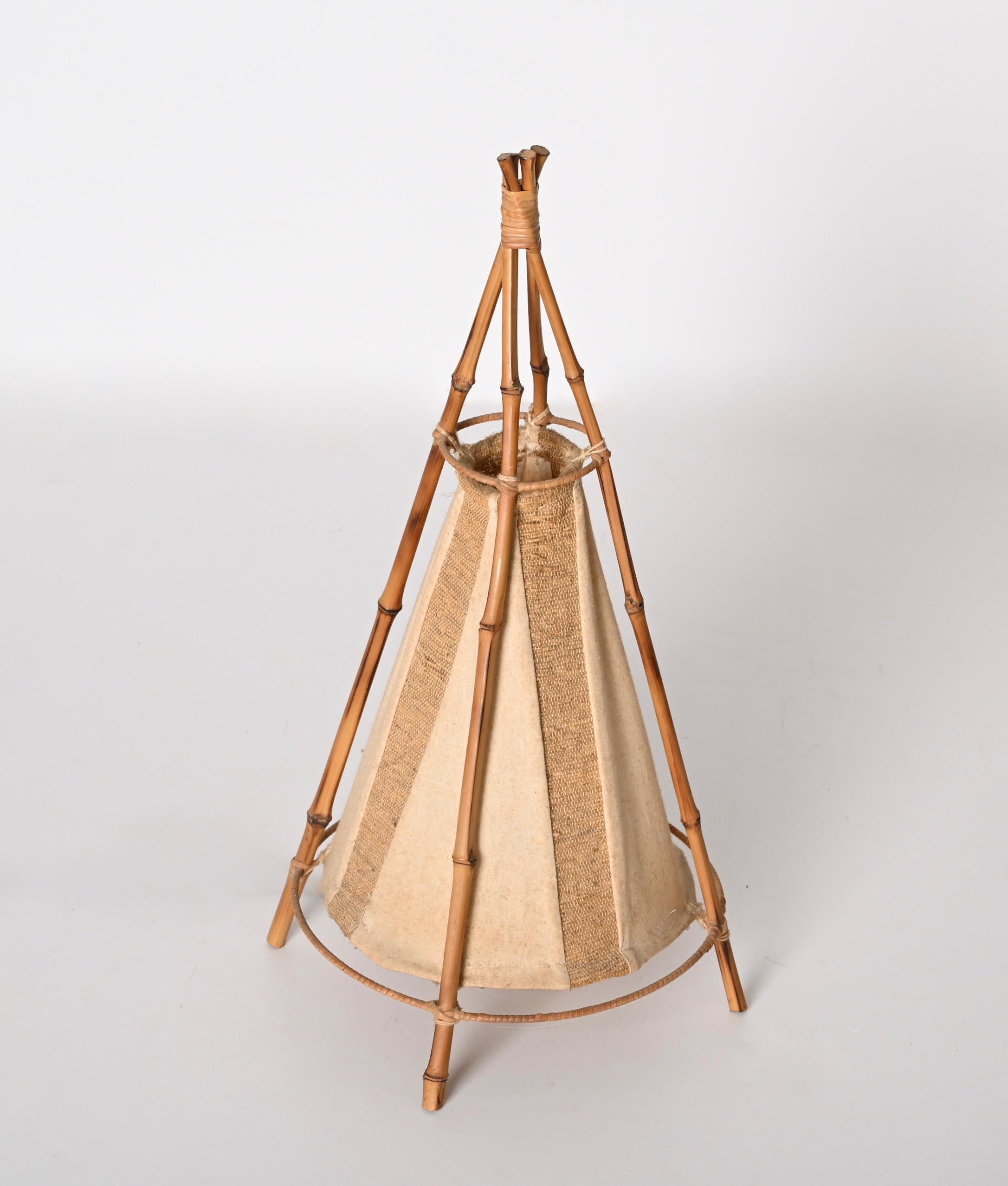 Fabric Louis Sognot Midcentury Cotton, Bamboo and Rattan Italian Table Lamp, 1950s For Sale