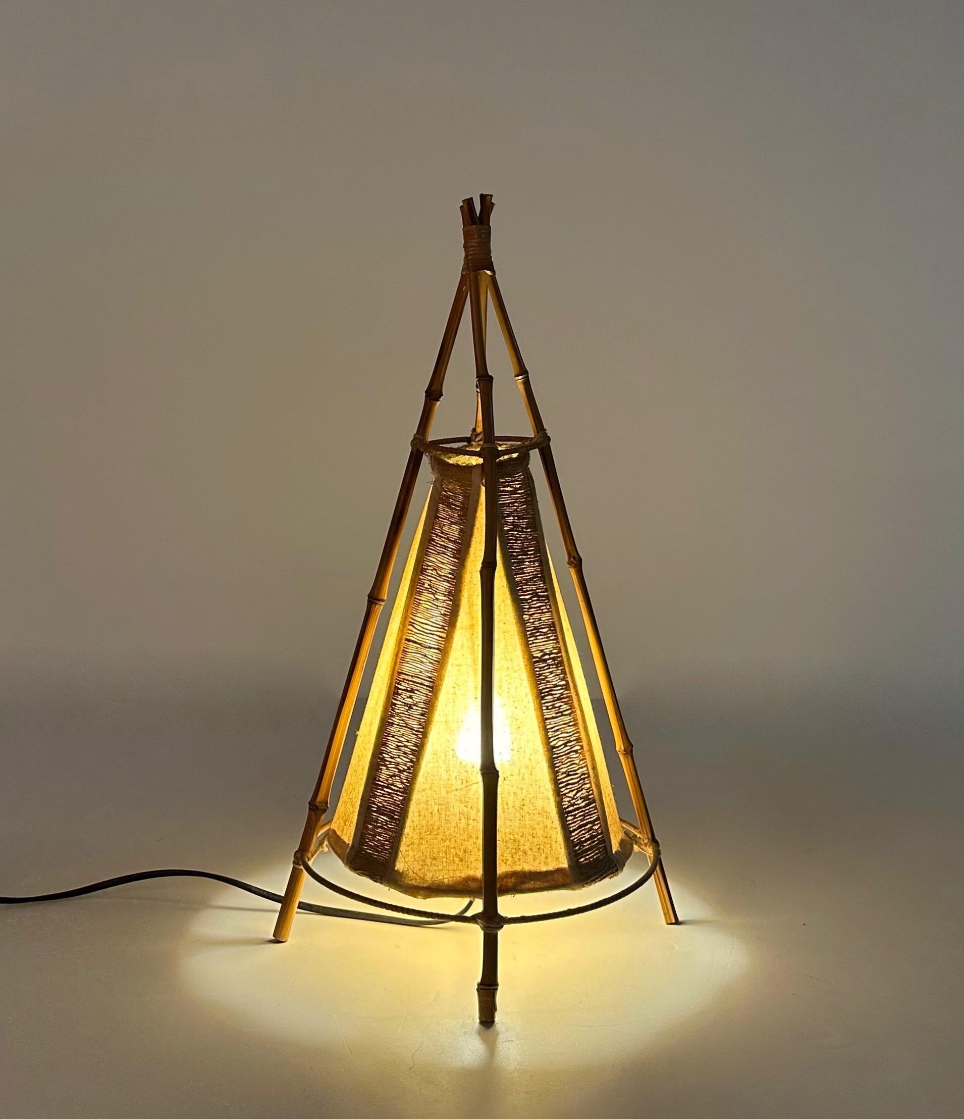 Louis Sognot Midcentury Cotton, Bamboo and Rattan Italian Table Lamp, 1950s For Sale 1