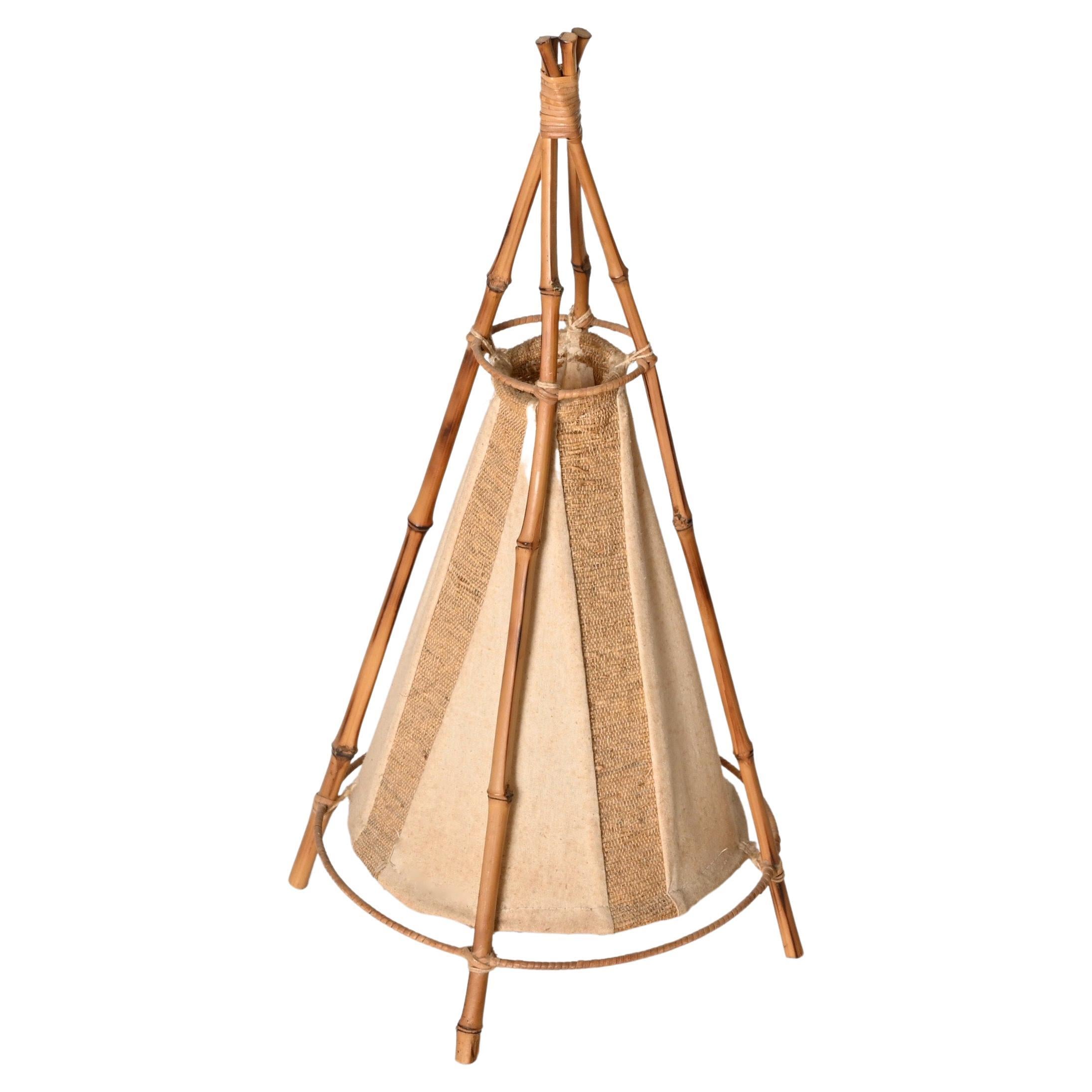 Lampe de bureau italienne Louis Sognot du milieu du siècle dernier en coton, bambou et rotin, années 1950