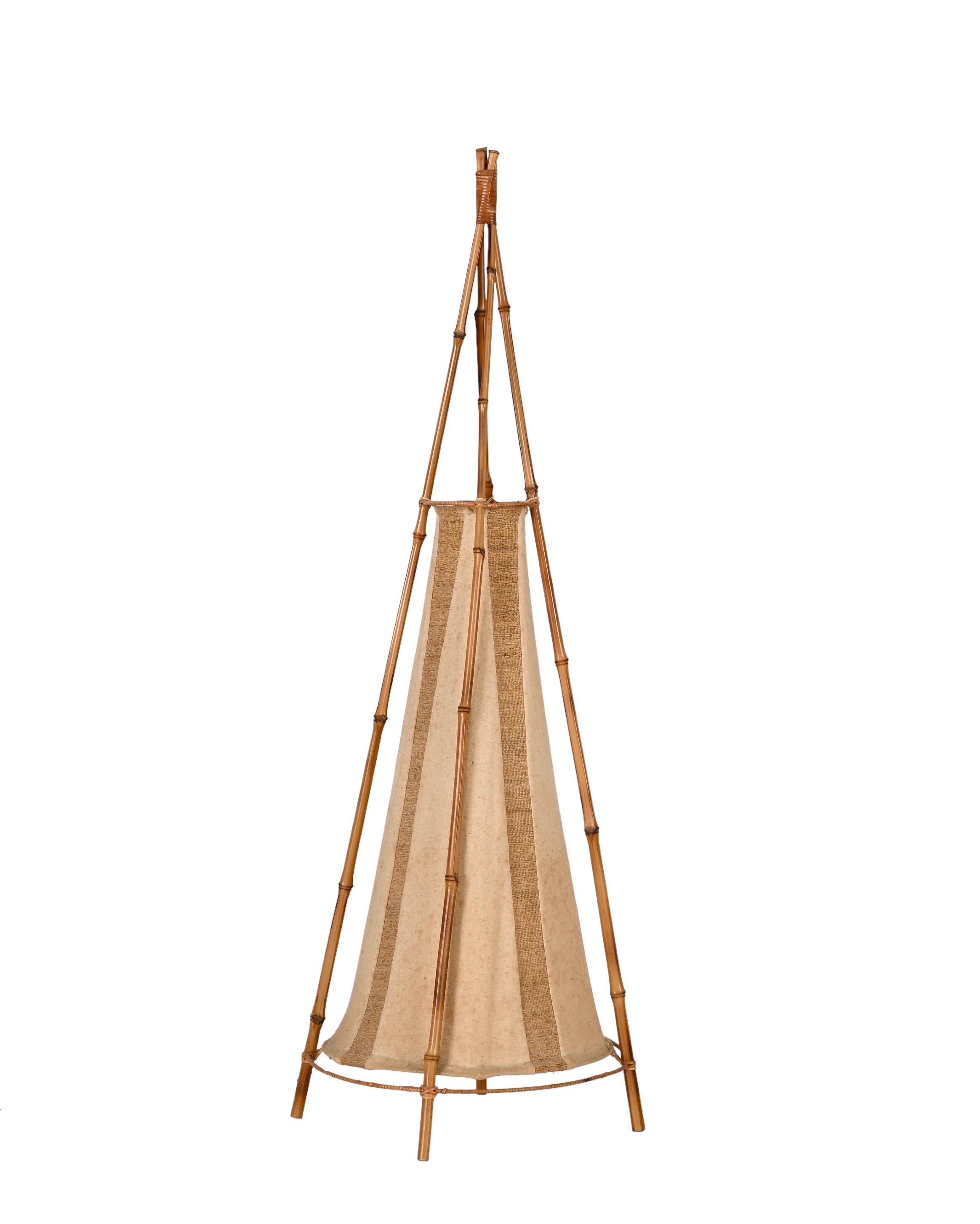 Louis Sognot Midcentury Cotton, Bamboo and Rattan Italian Table Lamp, 1960s For Sale 5