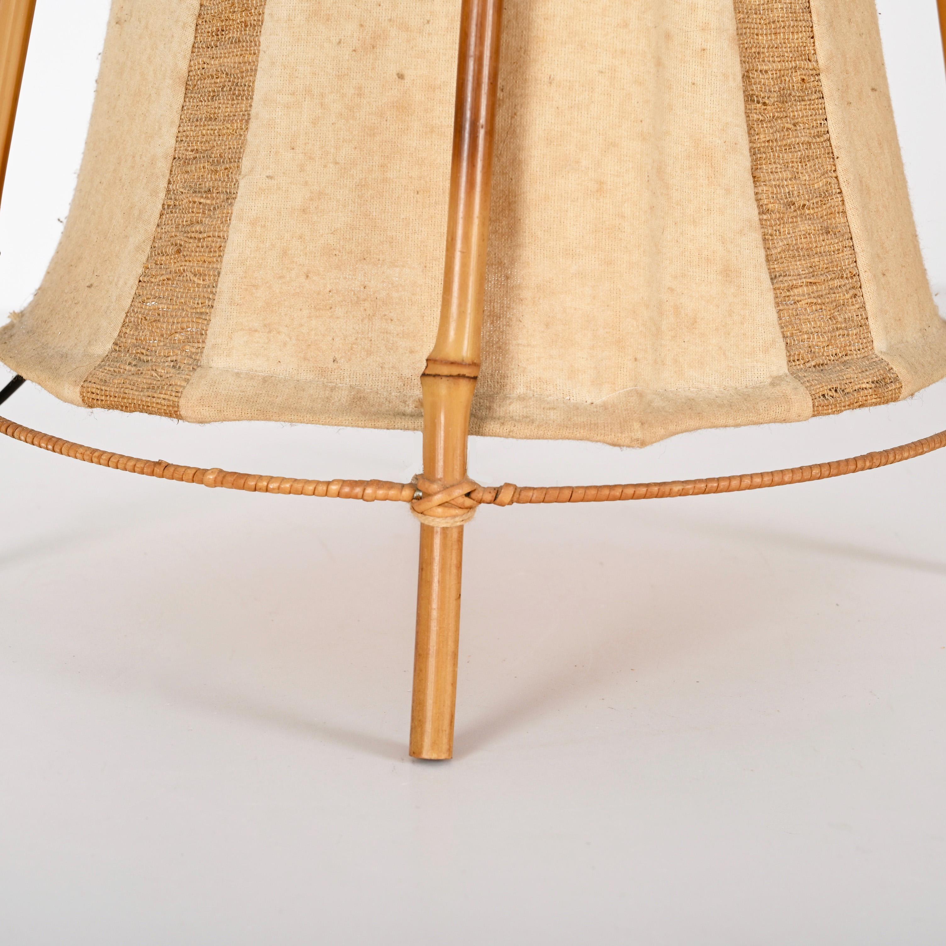 Louis Sognot Midcentury Cotton, Bamboo and Rattan Italian Table Lamp, 1960s For Sale 2