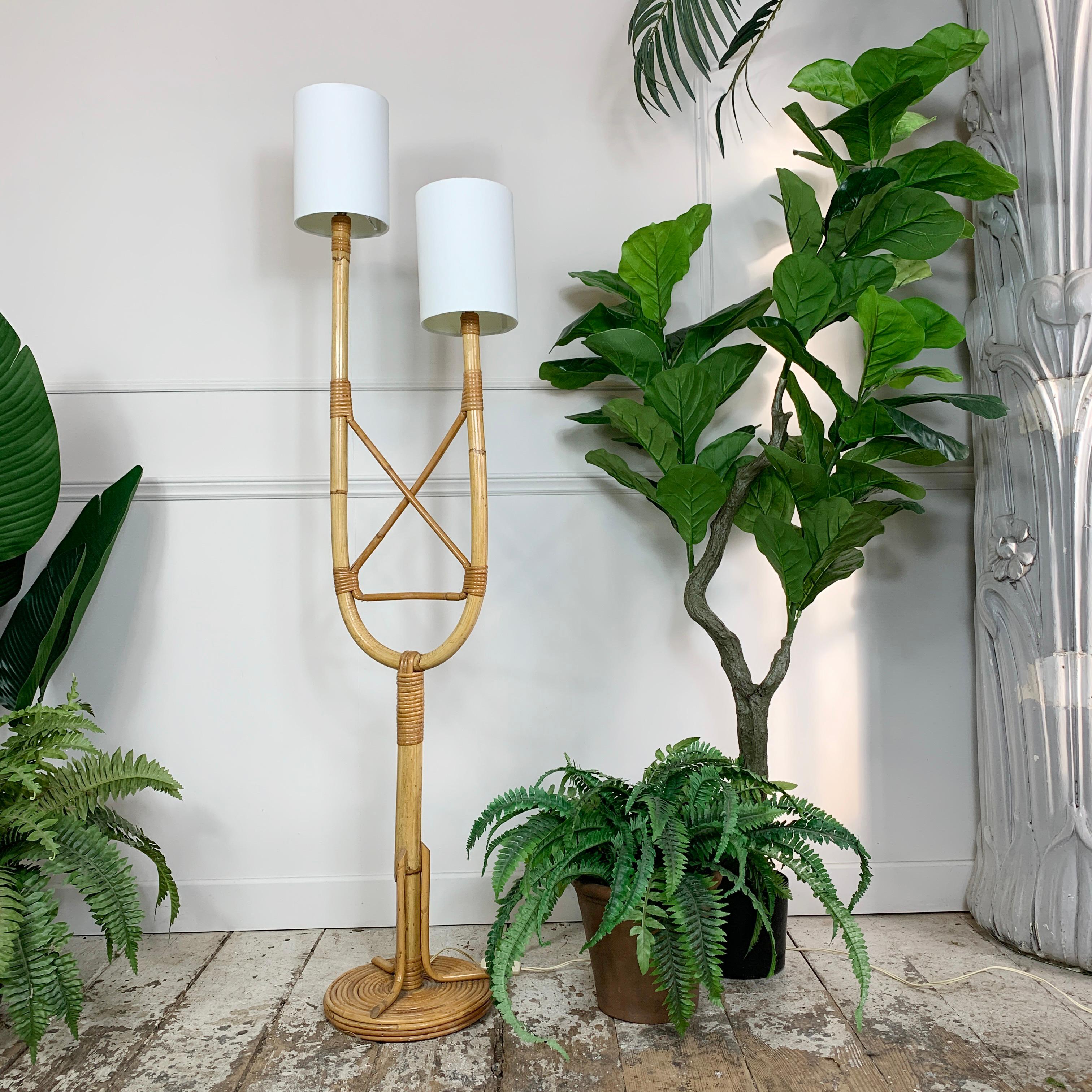 French Louis Sognot, Natural Rattan Floor Lamp, 1950s For Sale