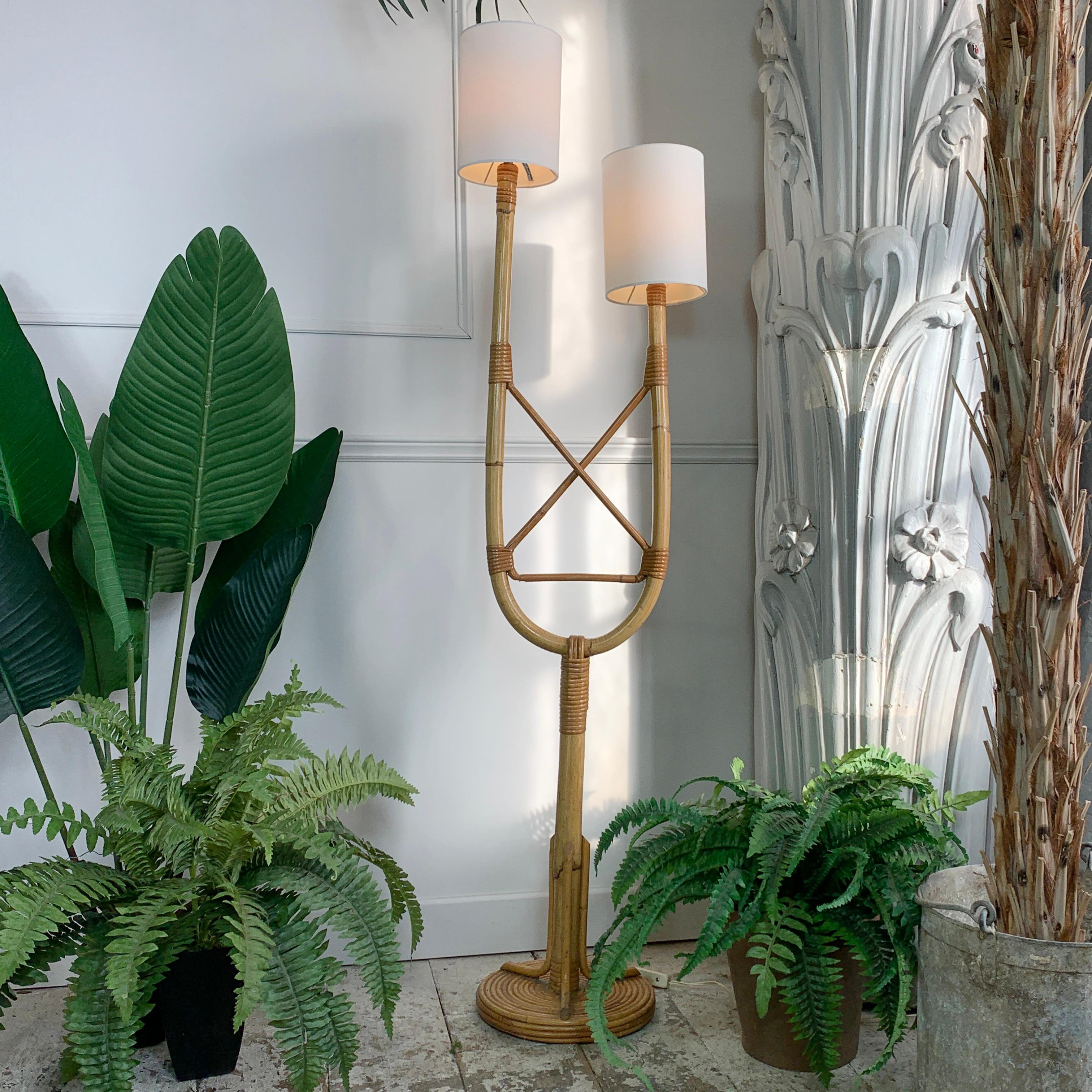 20th Century Louis Sognot, Natural Rattan Floor Lamp, 1950s For Sale