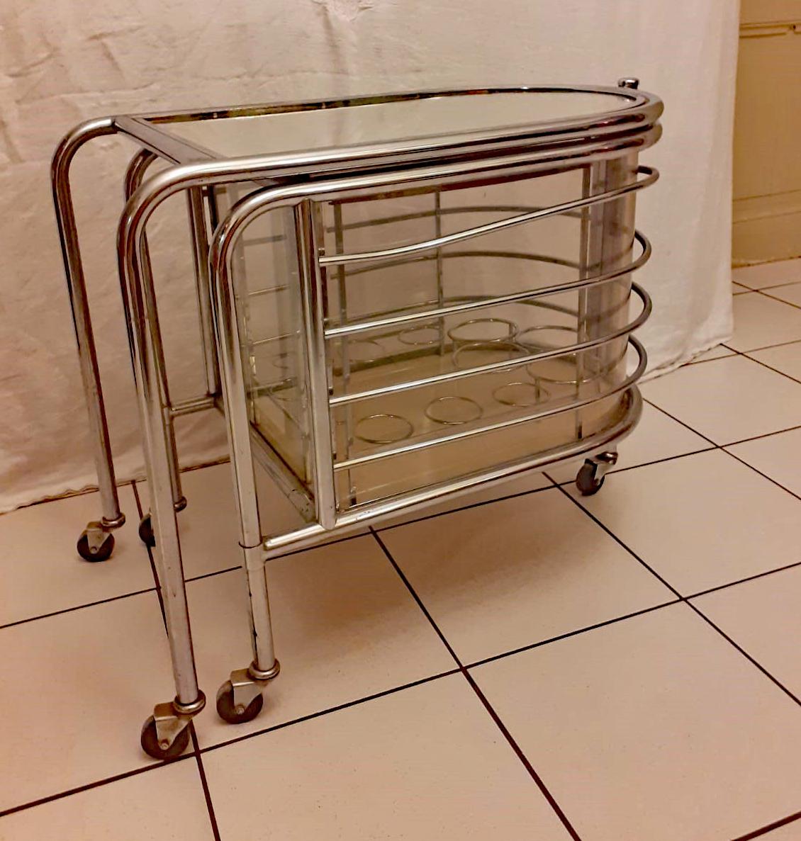 Art Deco Louis Sognot, Nickel-Plated Trolley with Revolving Inner Cabinet For Sale