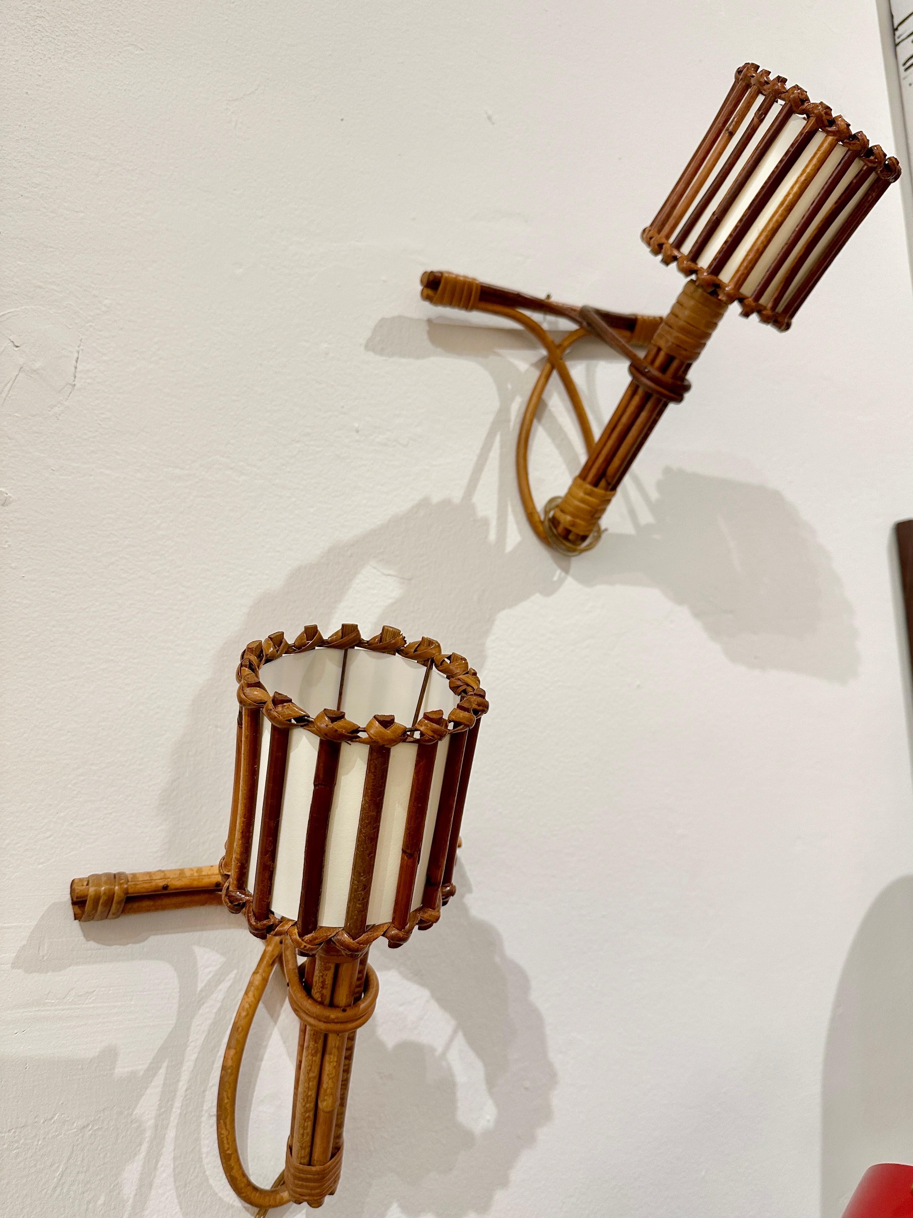 Louis Sognot Original 1950's French Rattan Wall Sconces, Pair For Sale 5
