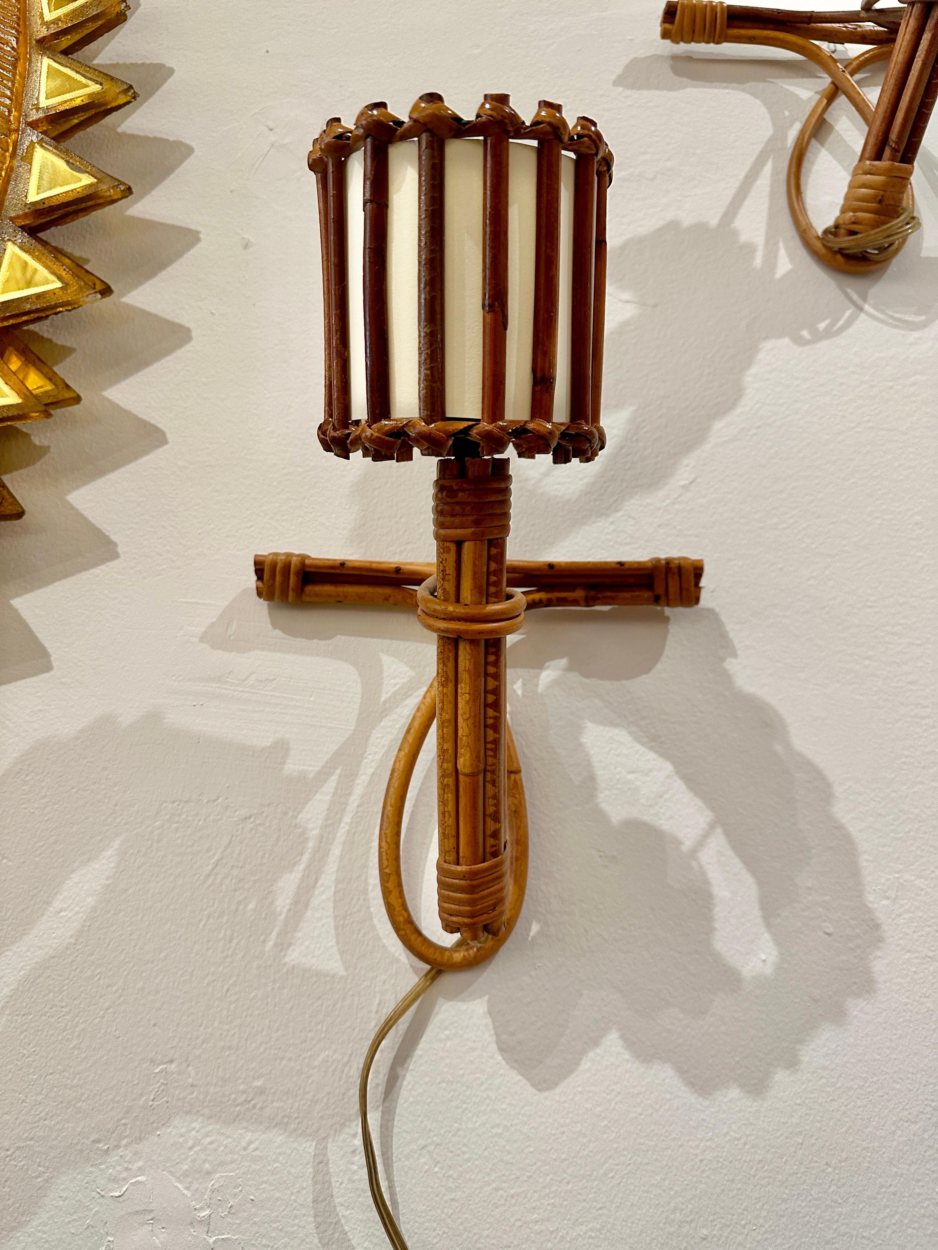 Louis Sognot Original 1950's French Rattan Wall Sconces, Pair For Sale 1