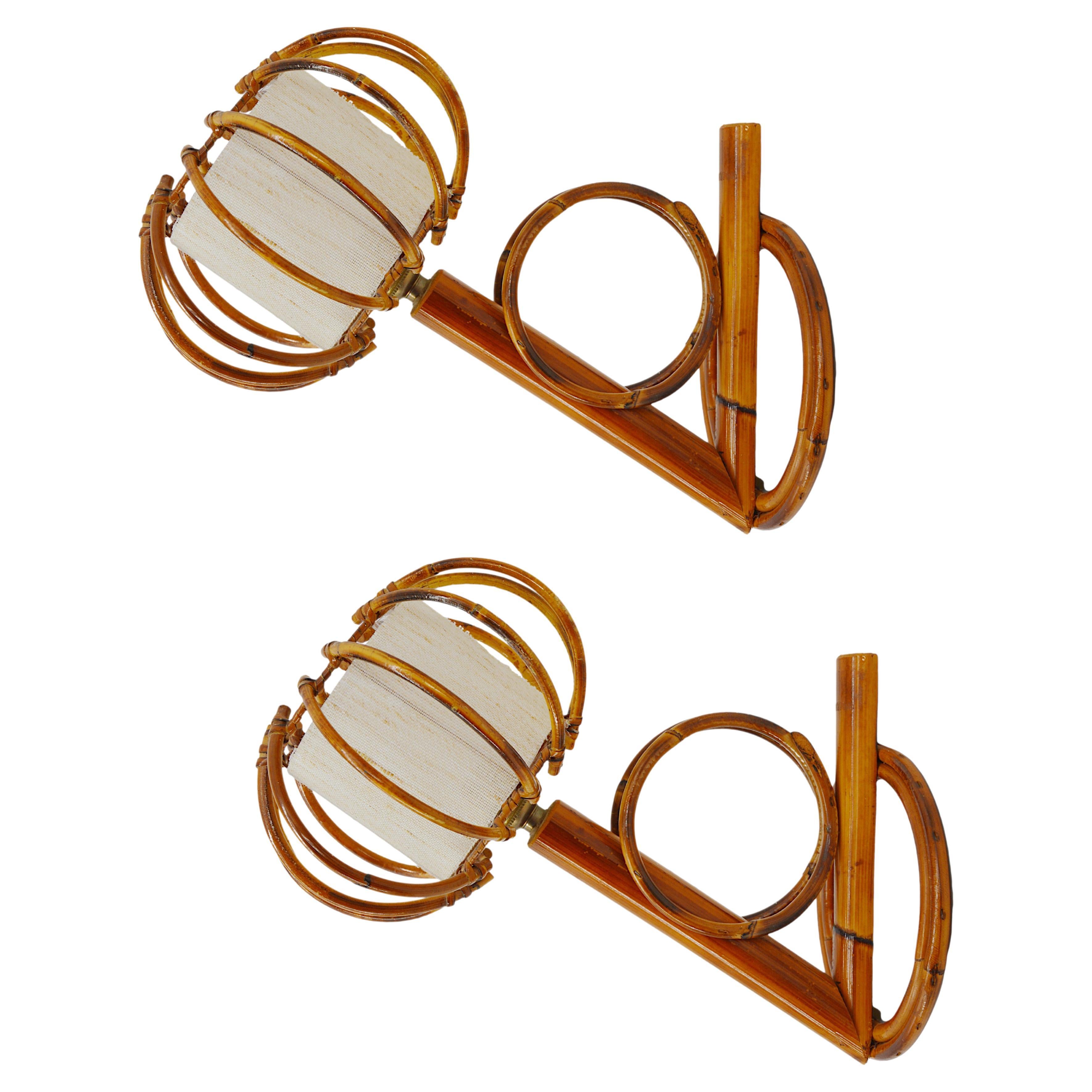 Louis Sognot Pair of Bamboo Wall Sconces, 1950s For Sale