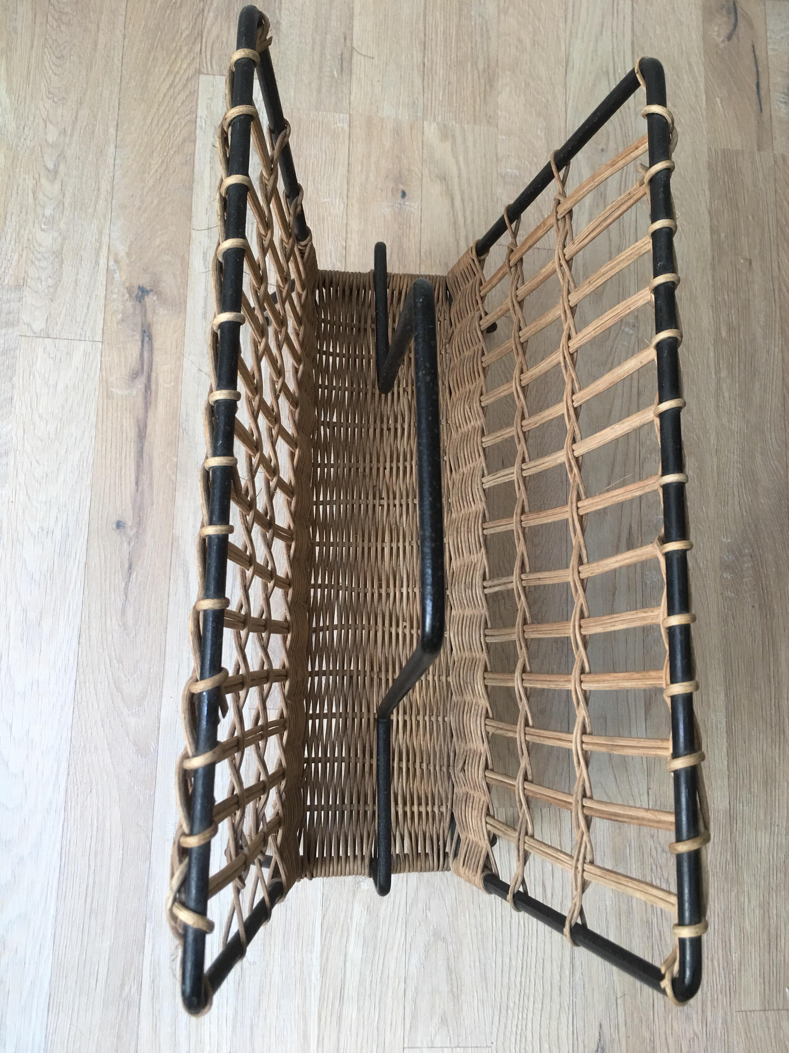 Louis Sognot Pair of Iron and Wicker Magazine Rack, French, 1950s For Sale 5