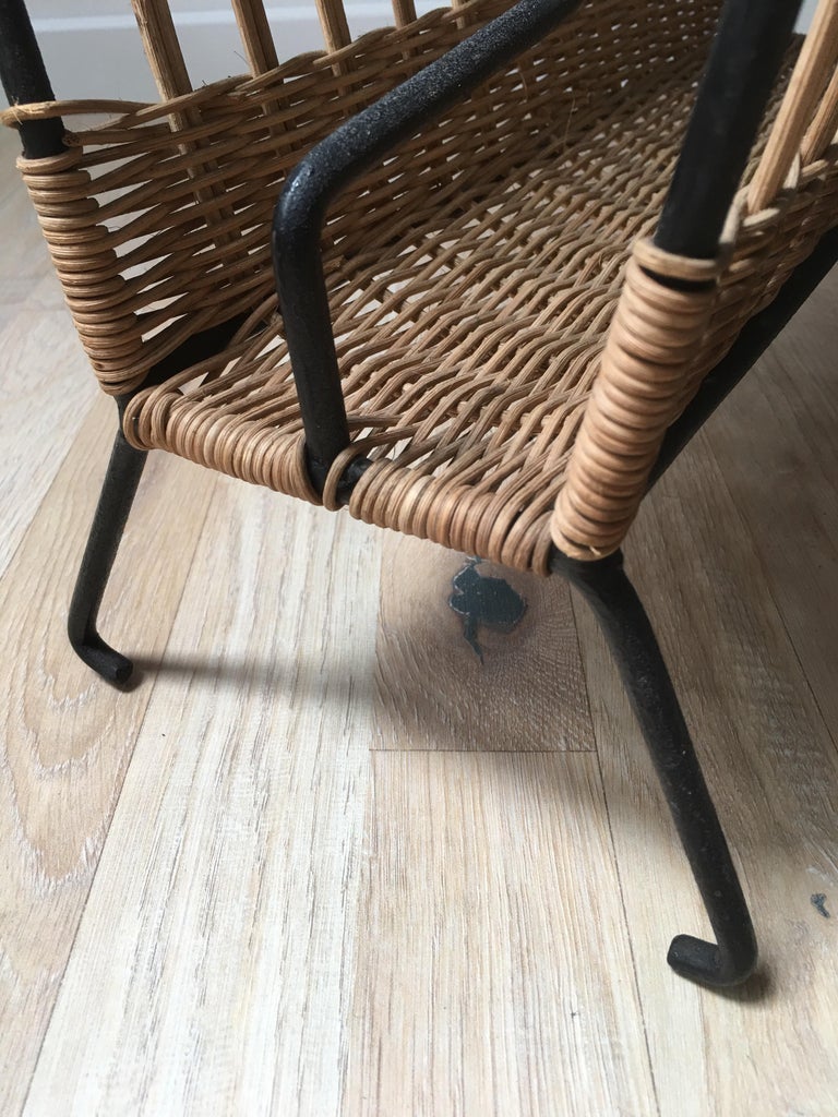 Louis Sognot Pair of Iron and Wicker Magazine Rack, French, 1950s For Sale 6