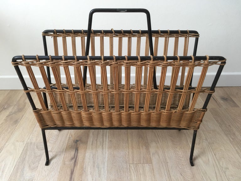 Louis Sognot Pair of Iron and Wicker Magazine Rack, French, 1950s For Sale 7