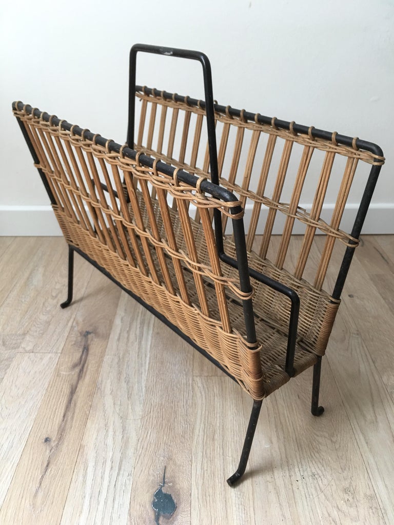 Louis Sognot Pair of Iron and Wicker Magazine Rack, French, 1950s For Sale 8