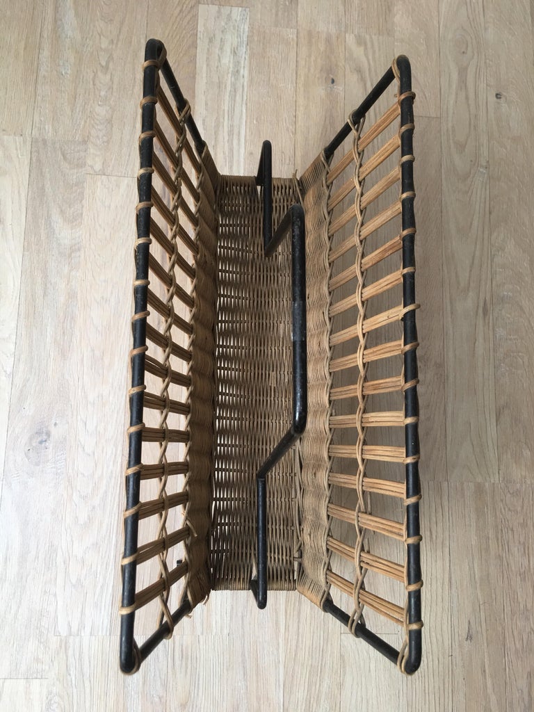 Louis Sognot Pair of Iron and Wicker Magazine Rack, French, 1950s For Sale 9