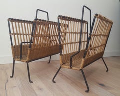 Louis Sognot Pair of Iron and Wicker Magazine Rack, French, 1950s