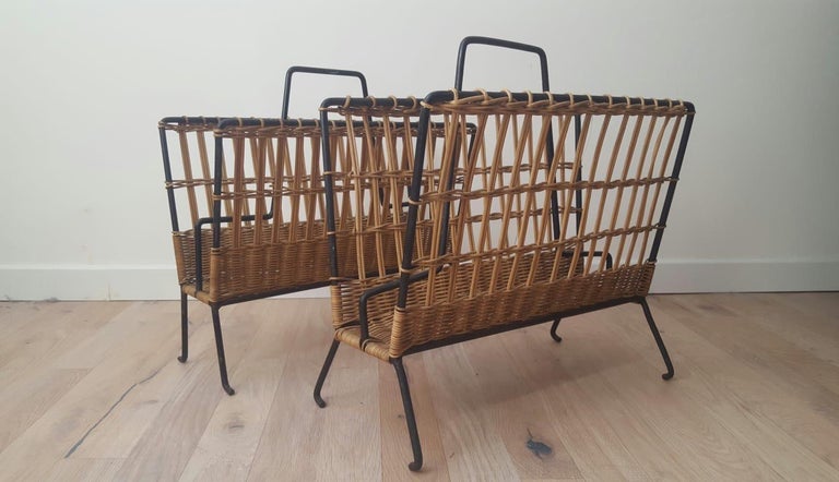 Mid-Century Modern Louis Sognot Pair of Iron and Wicker Magazine Rack, French, 1950s For Sale