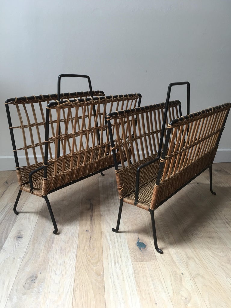 Louis Sognot Pair of Iron and Wicker Magazine Rack, French, 1950s In Good Condition For Sale In Aix En Provence, FR