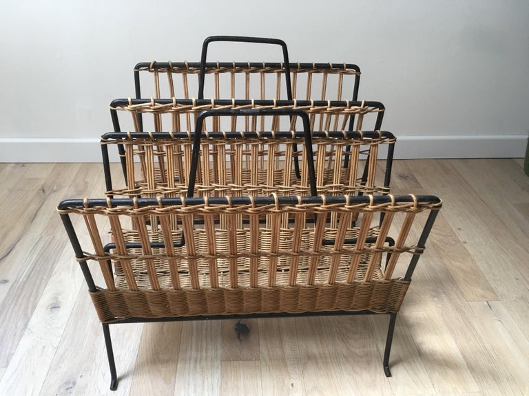 Mid-20th Century Louis Sognot Pair of Iron and Wicker Magazine Rack, French, 1950s For Sale