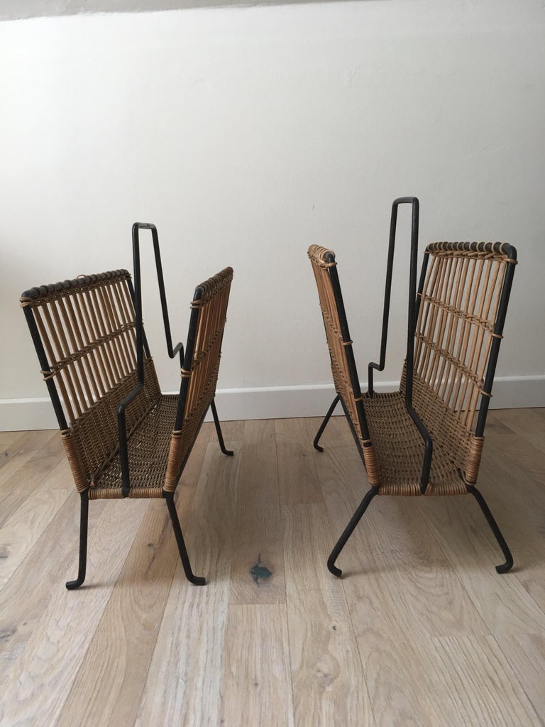 Louis Sognot Pair of Iron and Wicker Magazine Rack, French, 1950s For Sale 1