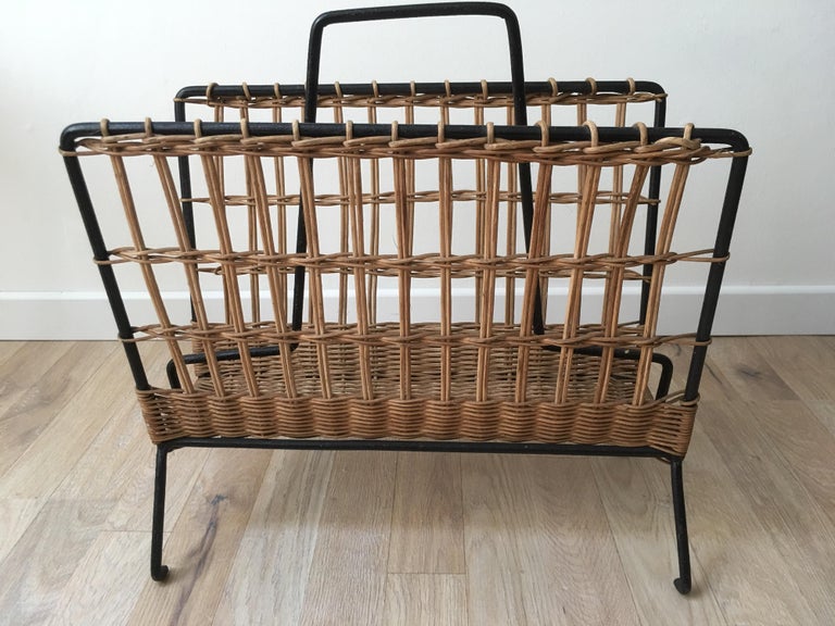Louis Sognot Pair of Iron and Wicker Magazine Rack, French, 1950s For Sale 2