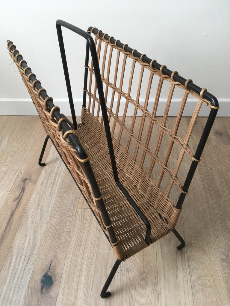 Louis Sognot Pair of Iron and Wicker Magazine Rack, French, 1950s For Sale 3