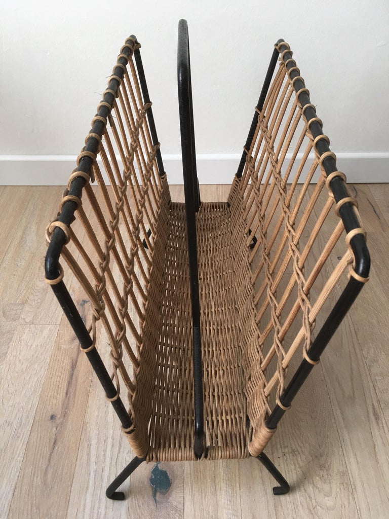 Louis Sognot Pair of Iron and Wicker Magazine Rack, French, 1950s For Sale 4