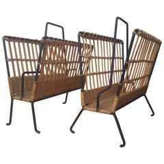 Louis Sognot Pair of Iron and Wicker Magazine Rack, French, 1950s
