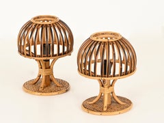 Louis Sognot Pair of Midcentury Rattan and Bamboo Table Lamps, France 1960s