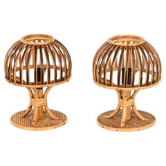 Louis Sognot Pair of Midcentury Rattan and Bamboo Table Lamps, France 1960s