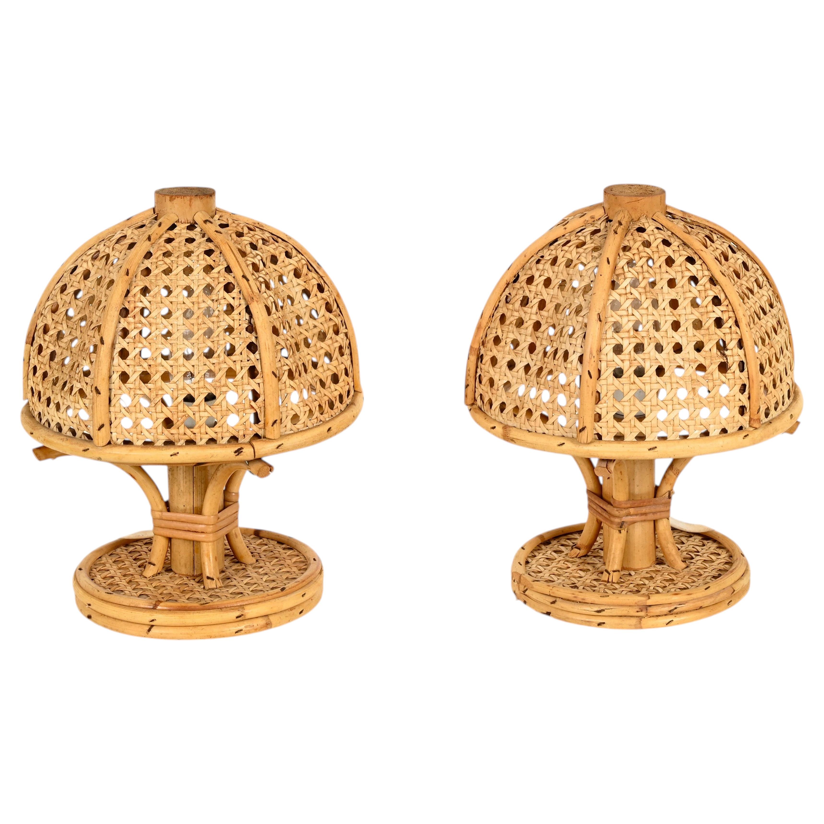 Louis Sognot Pair of Table Lamps in Bamboo, Rattan and Vienna Straw, Italy, 1960 For Sale