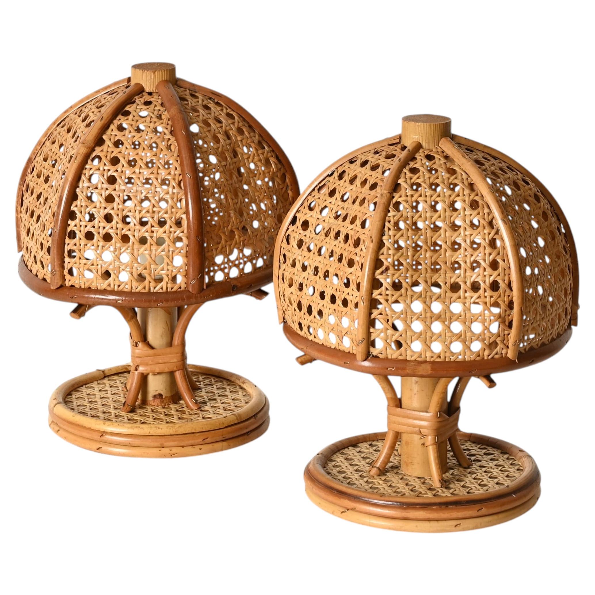 Louis Sognot Pair of Table Lamps in Rattan and Vienna Straw, Italy, 1960s