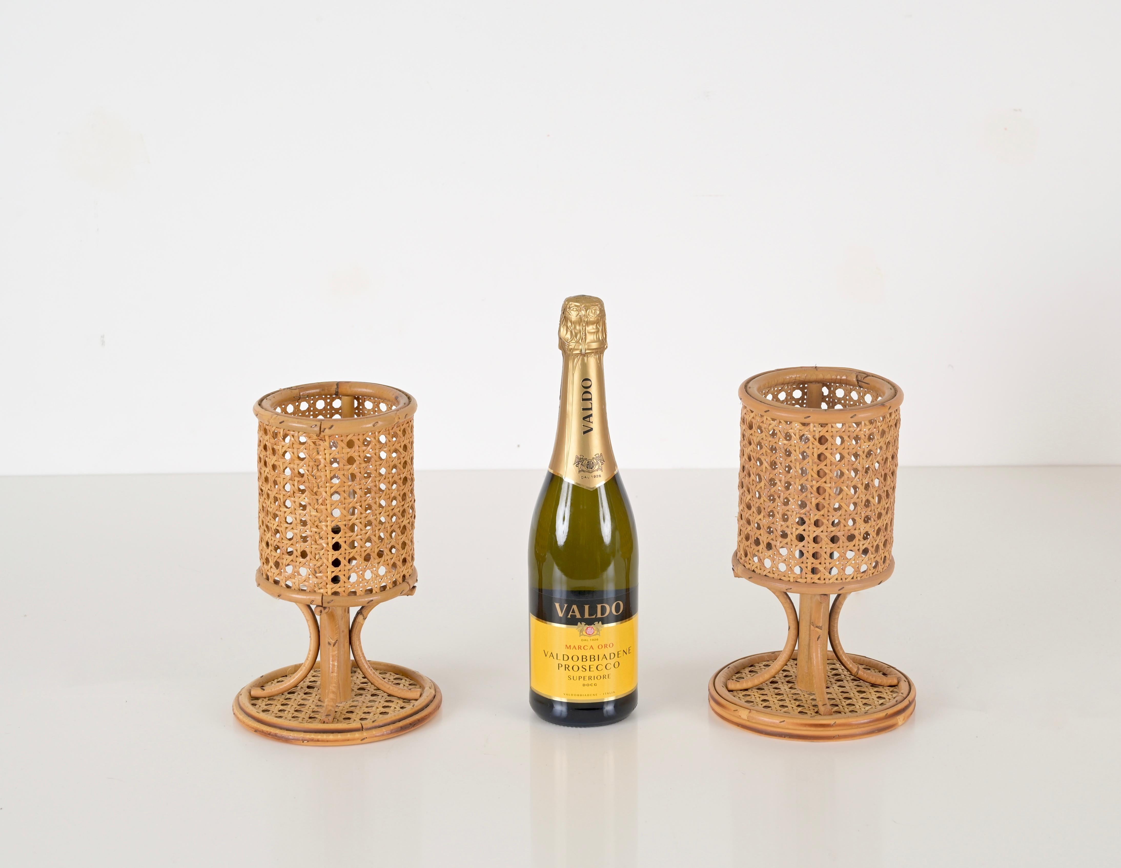 Mid-Century Modern Louis Sognot Pair of Table Lamps in Rattan and Wicker, France 1960s For Sale