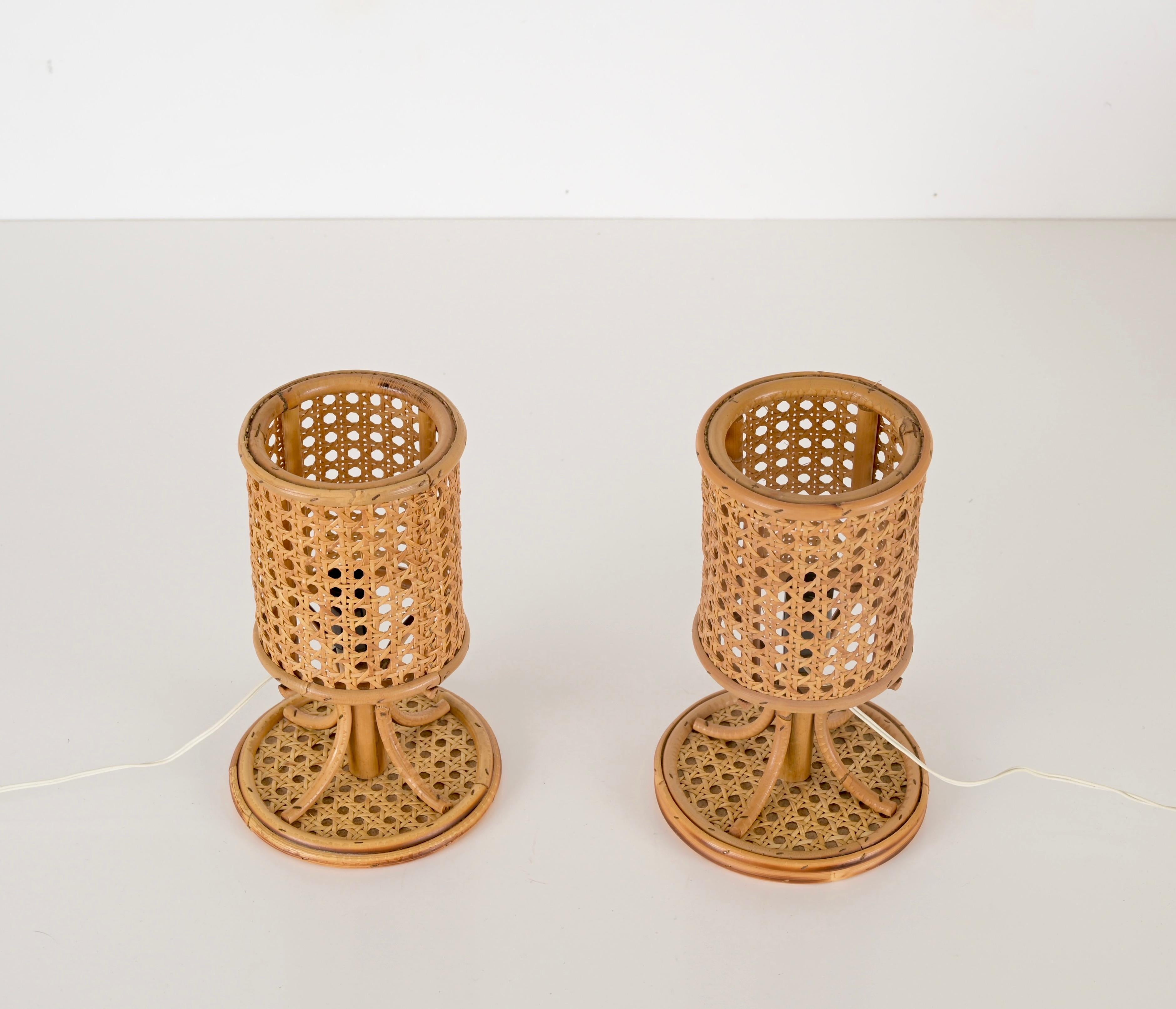 French Louis Sognot Pair of Table Lamps in Rattan and Wicker, France 1960s For Sale