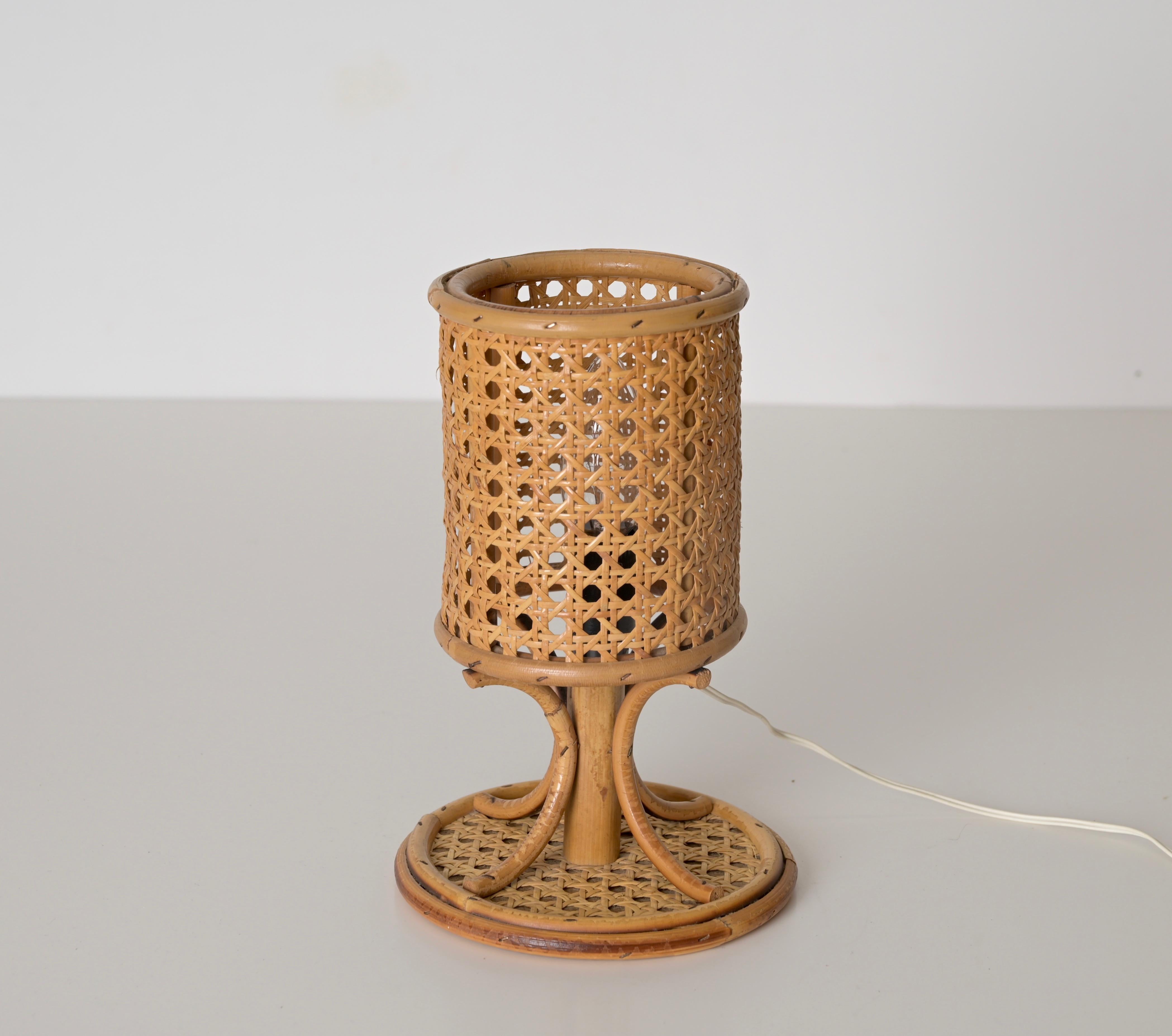 Hand-Crafted Louis Sognot Pair of Table Lamps in Rattan and Wicker, France 1960s For Sale