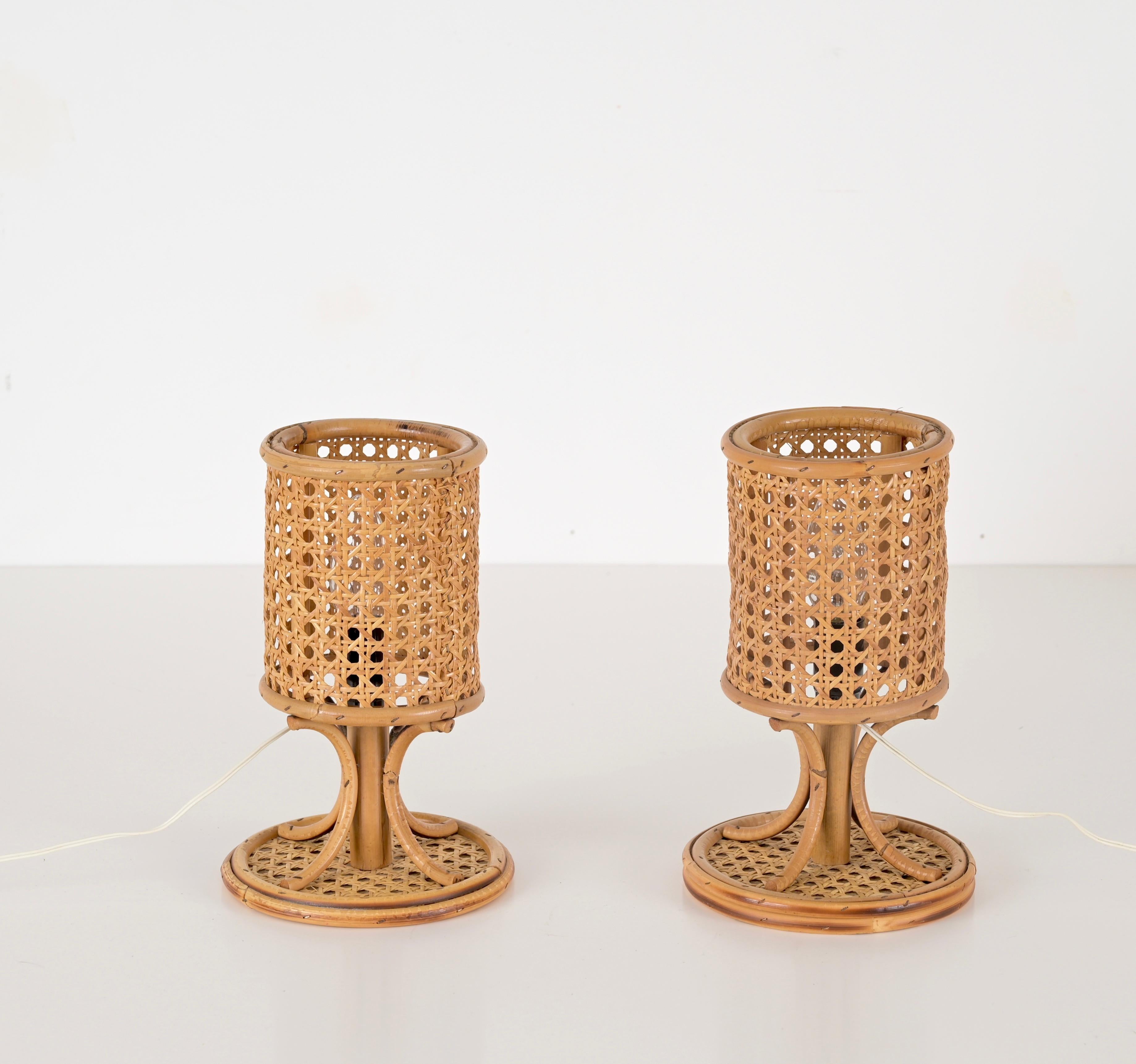 Louis Sognot Pair of Table Lamps in Rattan and Wicker, France 1960s For Sale 1