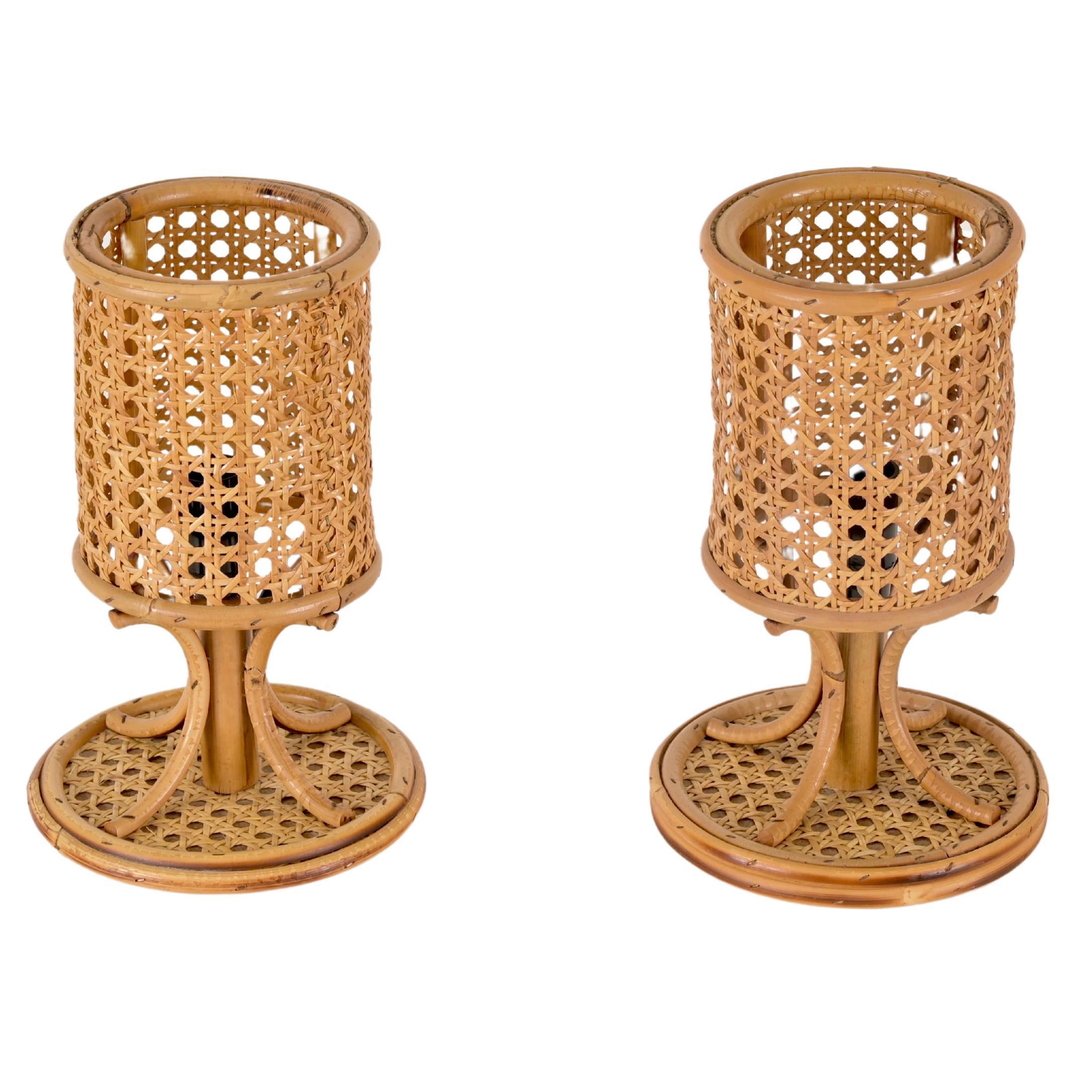 Louis Sognot Pair of Table Lamps in Rattan and Wicker, France 1960s