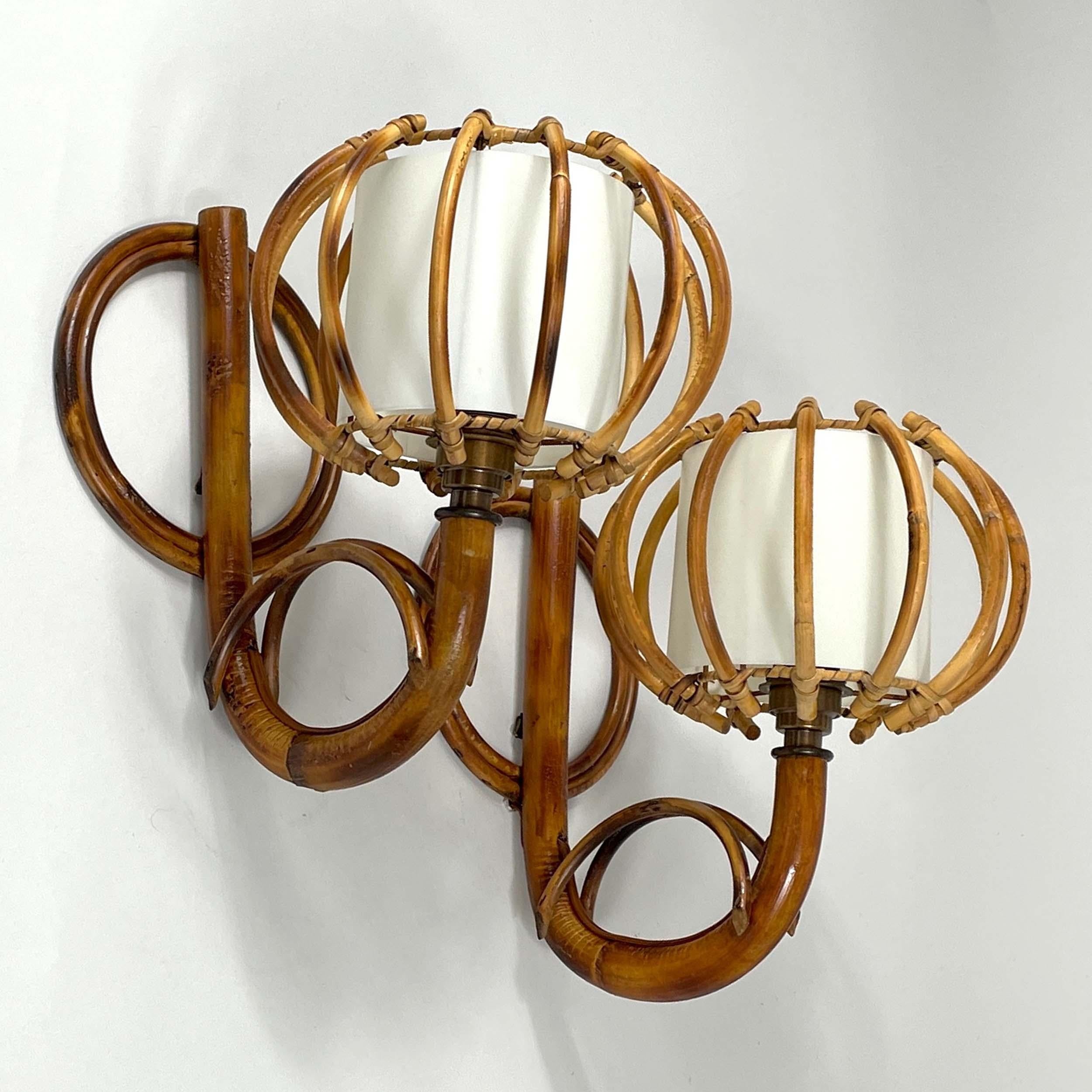 Louis SOGNOT Pair Rattan & Bamboo Sconces, France 1950s For Sale 3