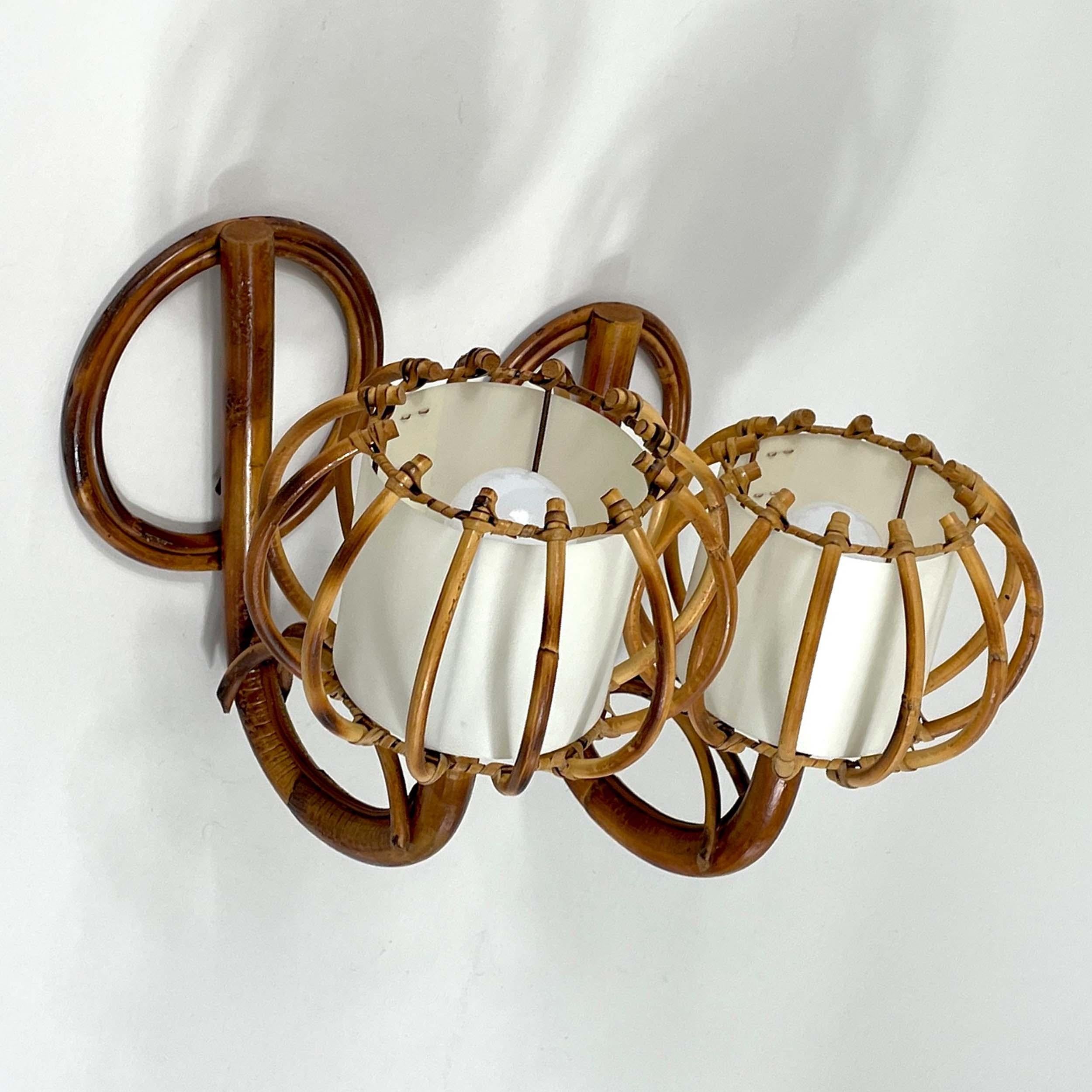 Louis SOGNOT Pair Rattan & Bamboo Sconces, France 1950s For Sale 4