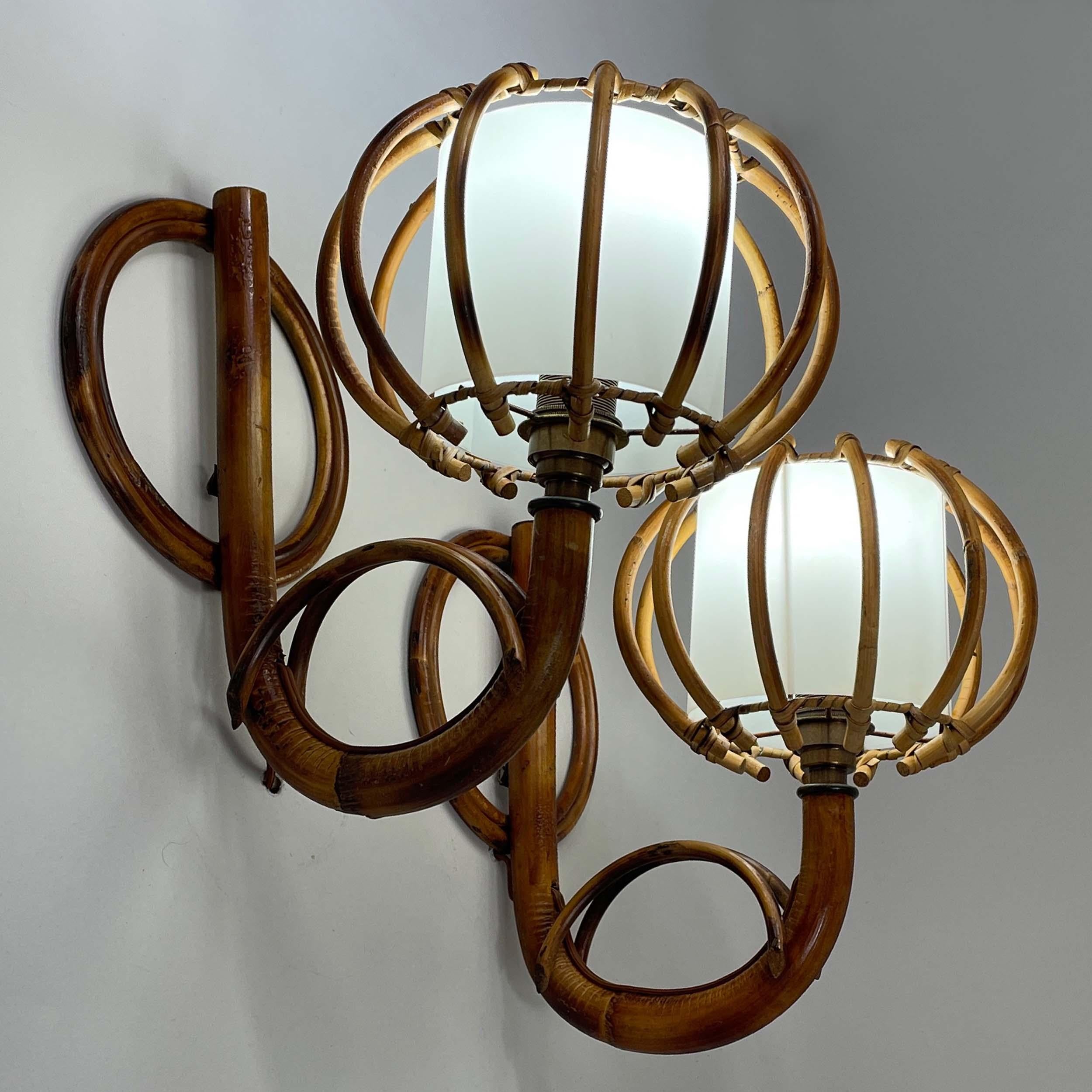 Louis SOGNOT Pair Rattan & Bamboo Sconces, France 1950s For Sale 5