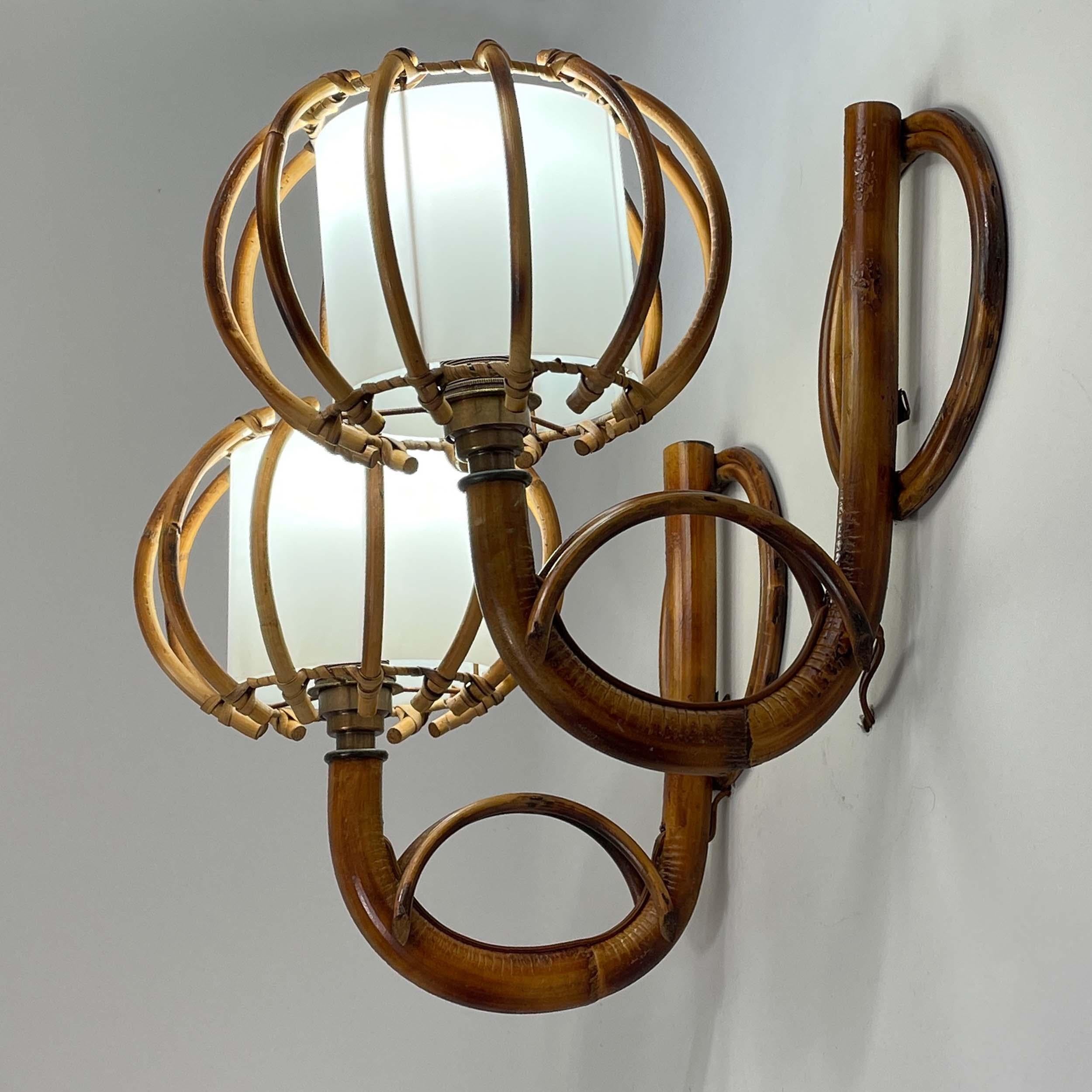 Louis SOGNOT Pair Rattan & Bamboo Sconces, France 1950s For Sale 6