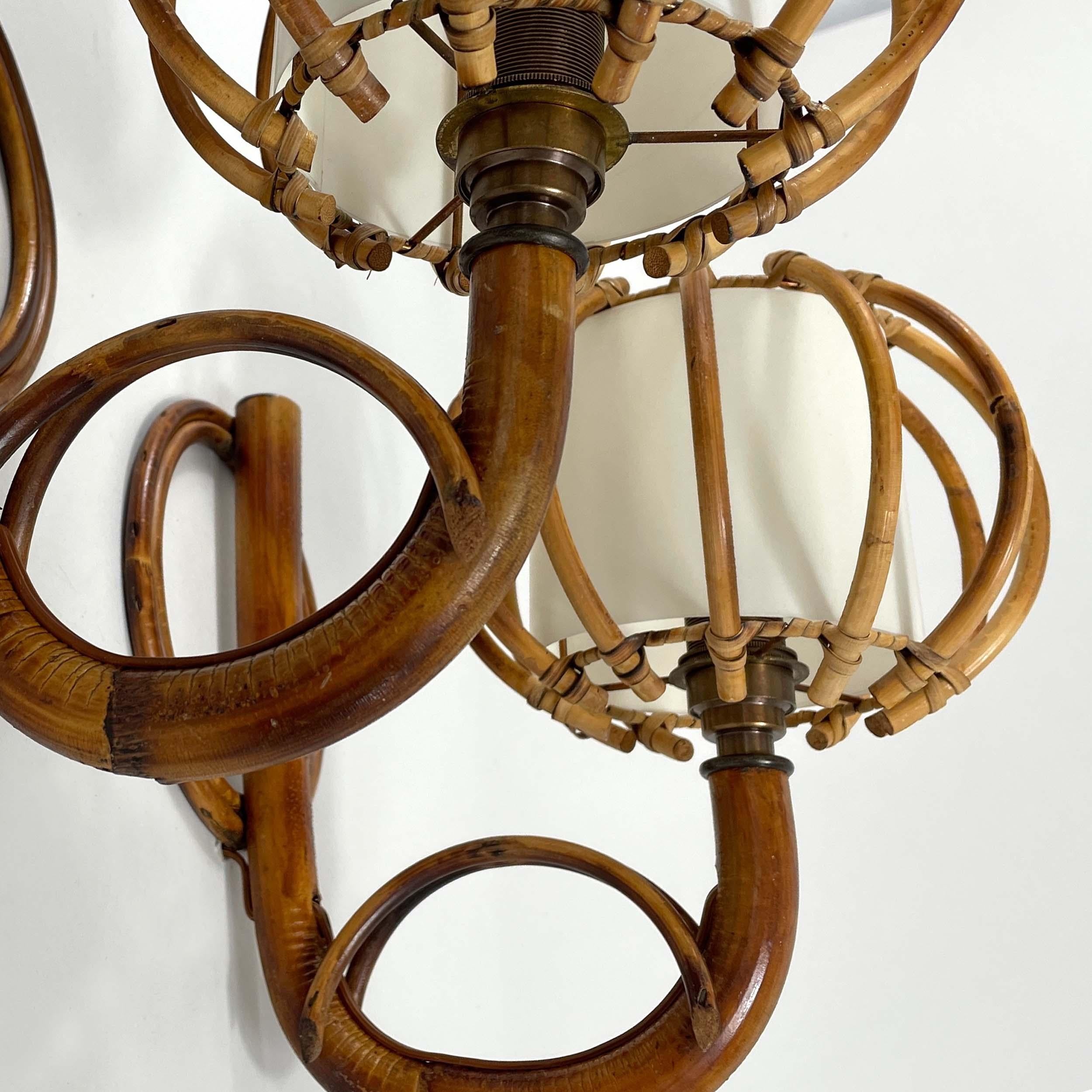 Louis SOGNOT Pair Rattan & Bamboo Sconces, France 1950s For Sale 7