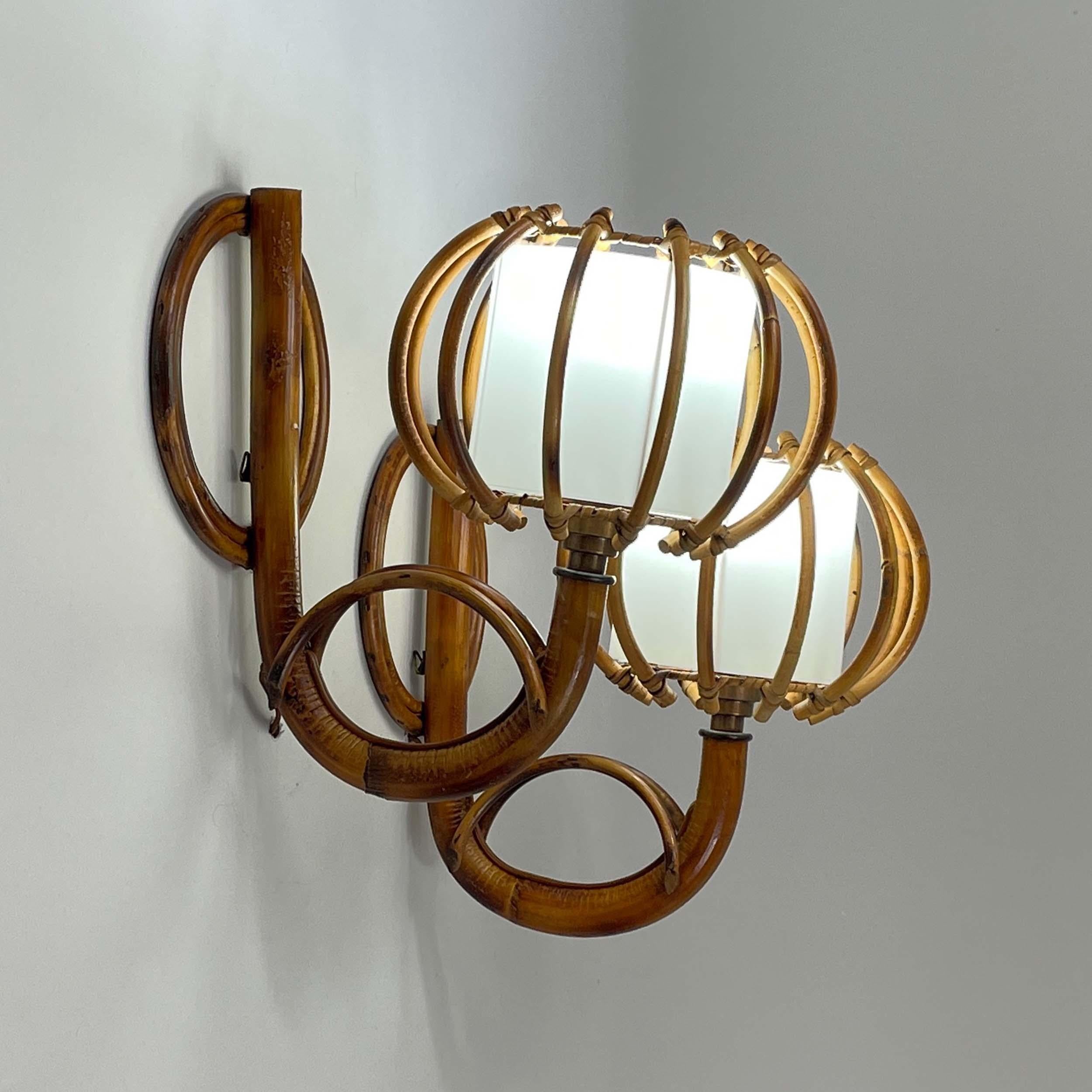Louis SOGNOT Pair Rattan & Bamboo Sconces, France 1950s For Sale 8