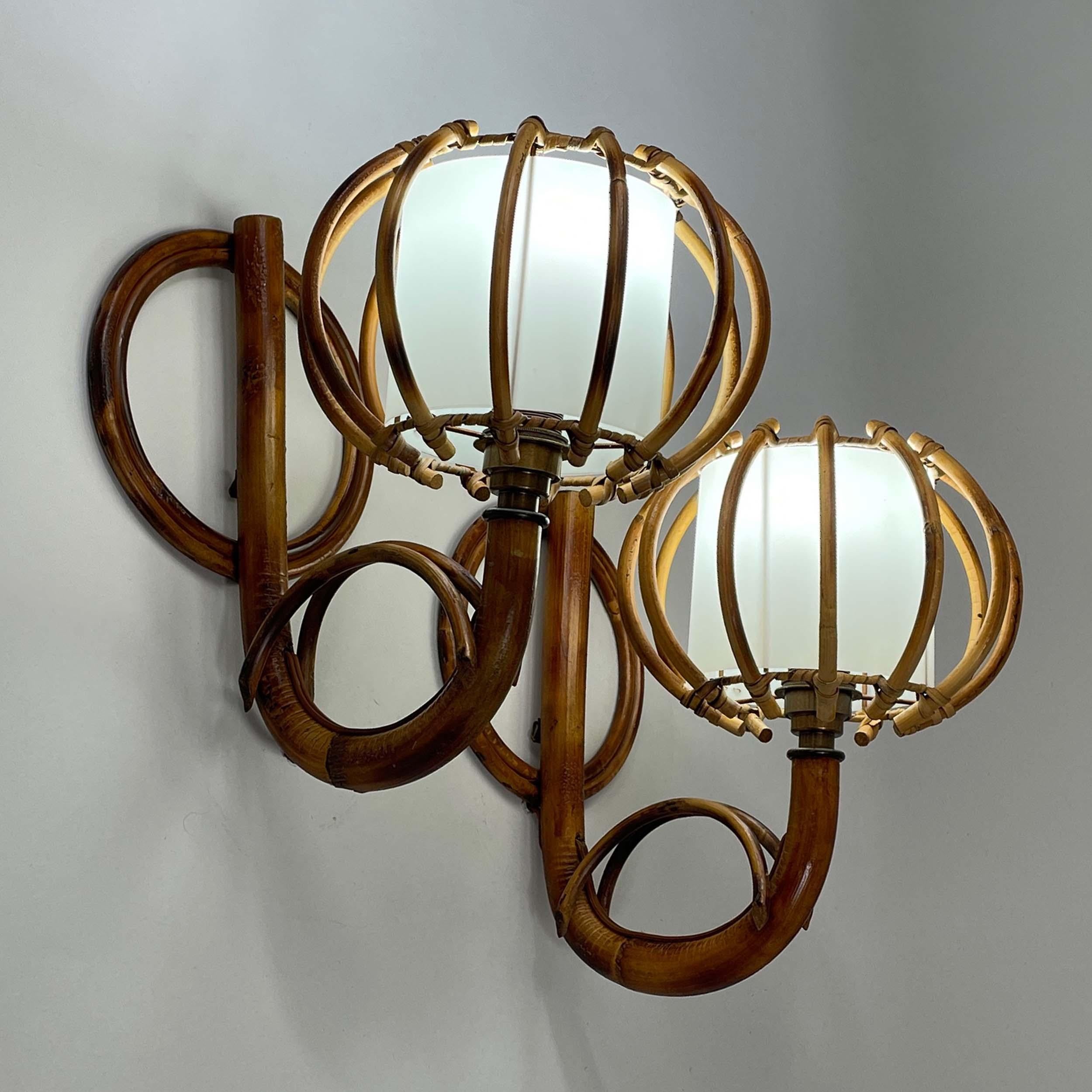Mid-Century Modern Louis SOGNOT Pair Rattan & Bamboo Sconces, France 1950s For Sale