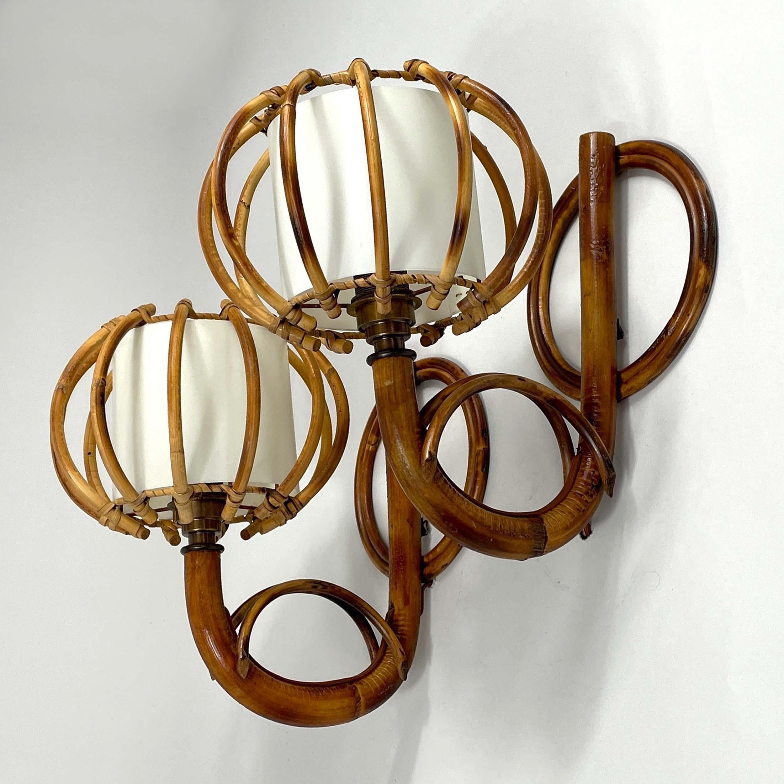 French Louis SOGNOT Pair Rattan & Bamboo Sconces, France 1950s For Sale