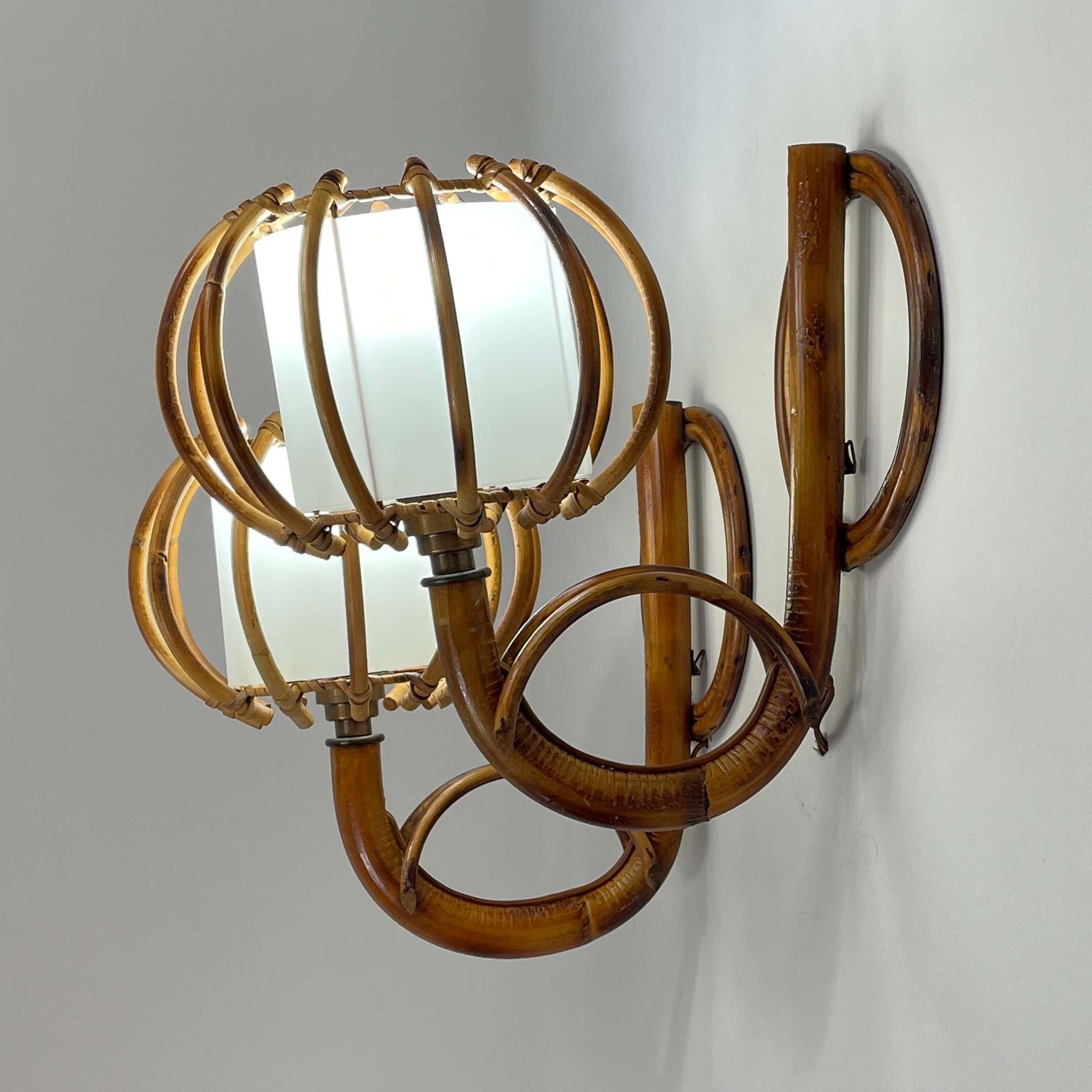 Louis SOGNOT Pair Rattan & Bamboo Sconces, France 1950s In Good Condition For Sale In NUEMBRECHT, NRW